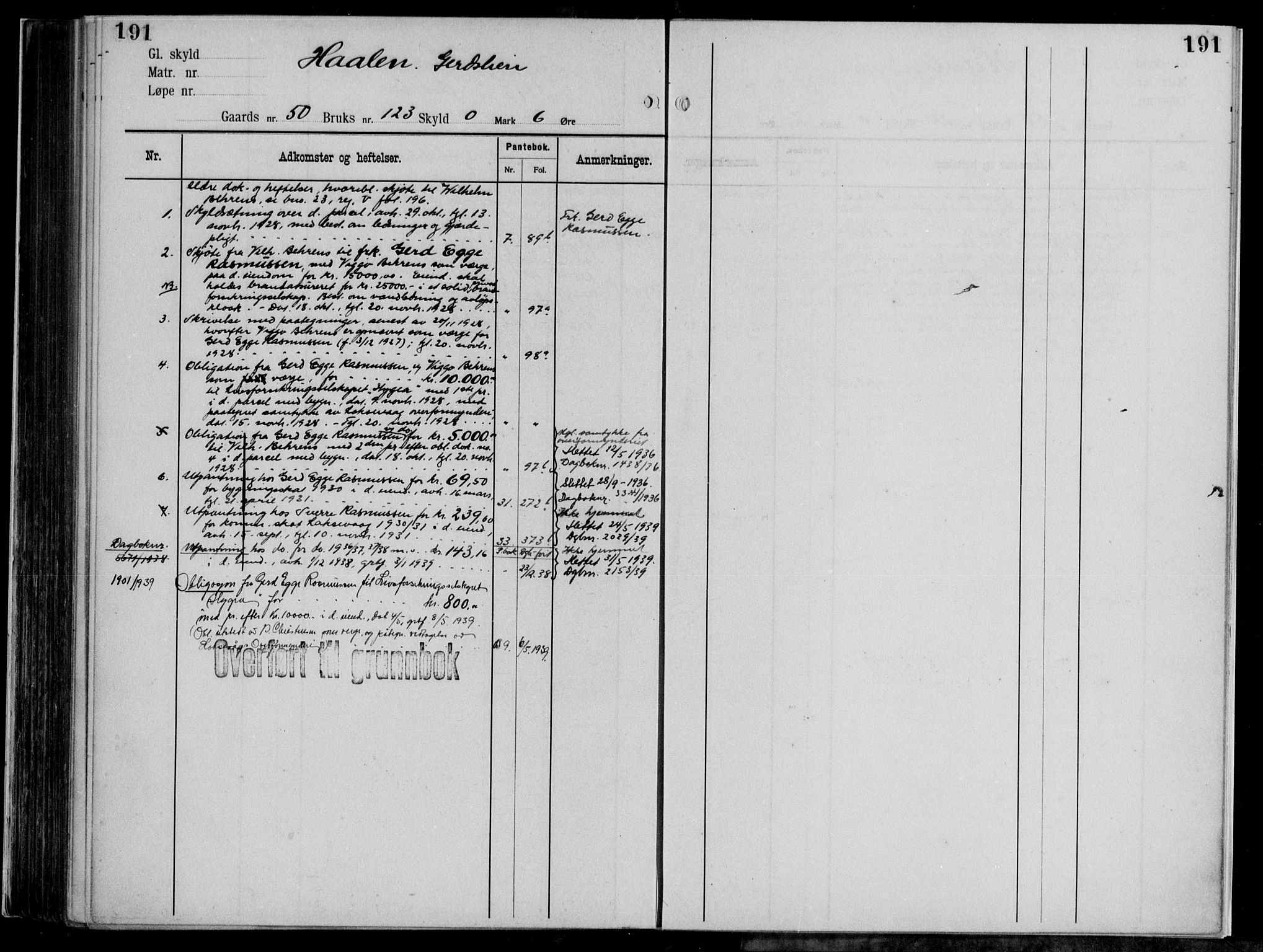 Midhordland sorenskriveri, AV/SAB-A-3001/1/G/Ga/Gab/L0111: Panteregister nr. II.A.b.111, s. 191