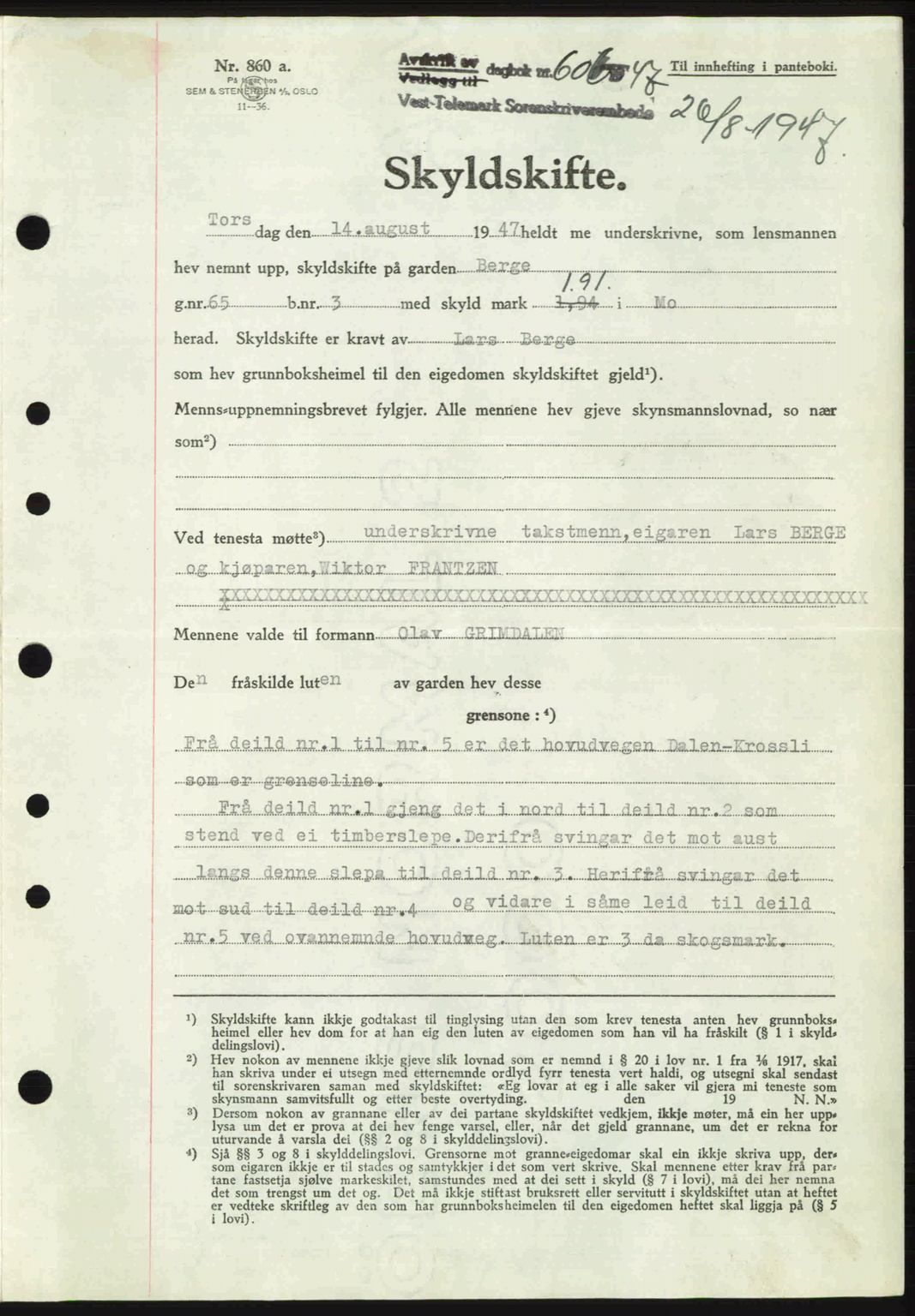 Vest-Telemark sorenskriveri, SAKO/A-134/G/Ga/Gac/L0008: Pantebok nr. A-8, 1947-1948, Dagboknr: 606/1947