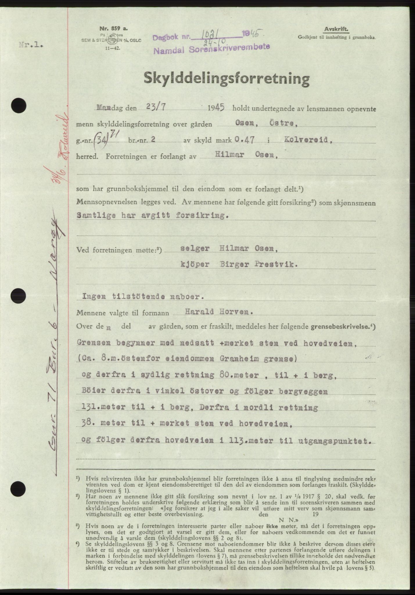 Namdal sorenskriveri, SAT/A-4133/1/2/2C: Pantebok nr. -, 1944-1945, Dagboknr: 1031/1945