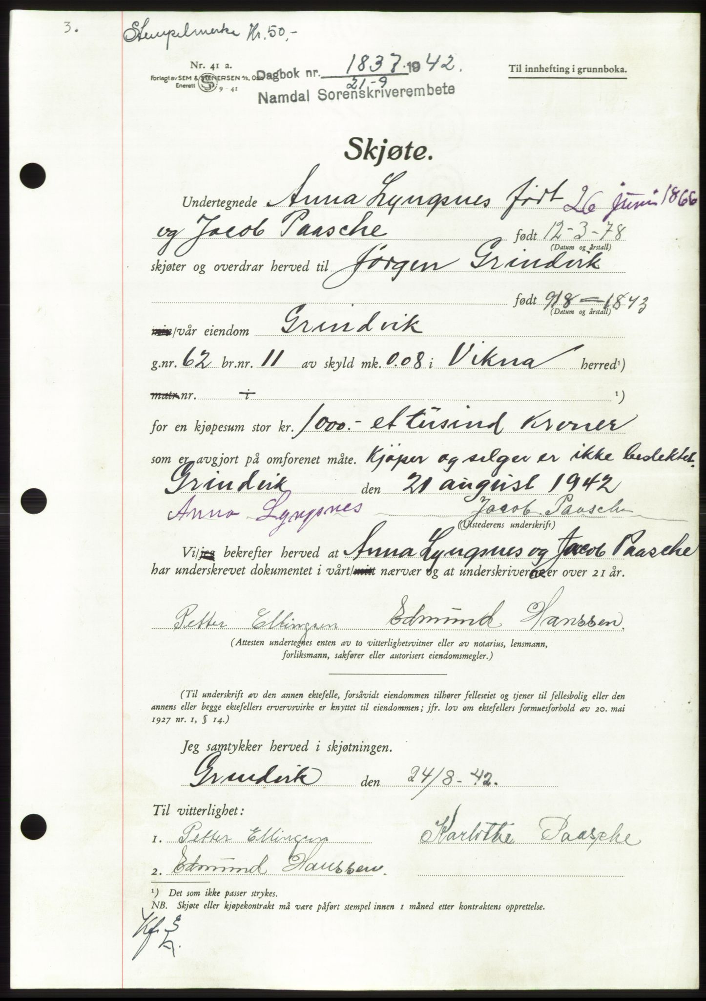 Namdal sorenskriveri, SAT/A-4133/1/2/2C: Pantebok nr. -, 1942-1943, Dagboknr: 1837/1942