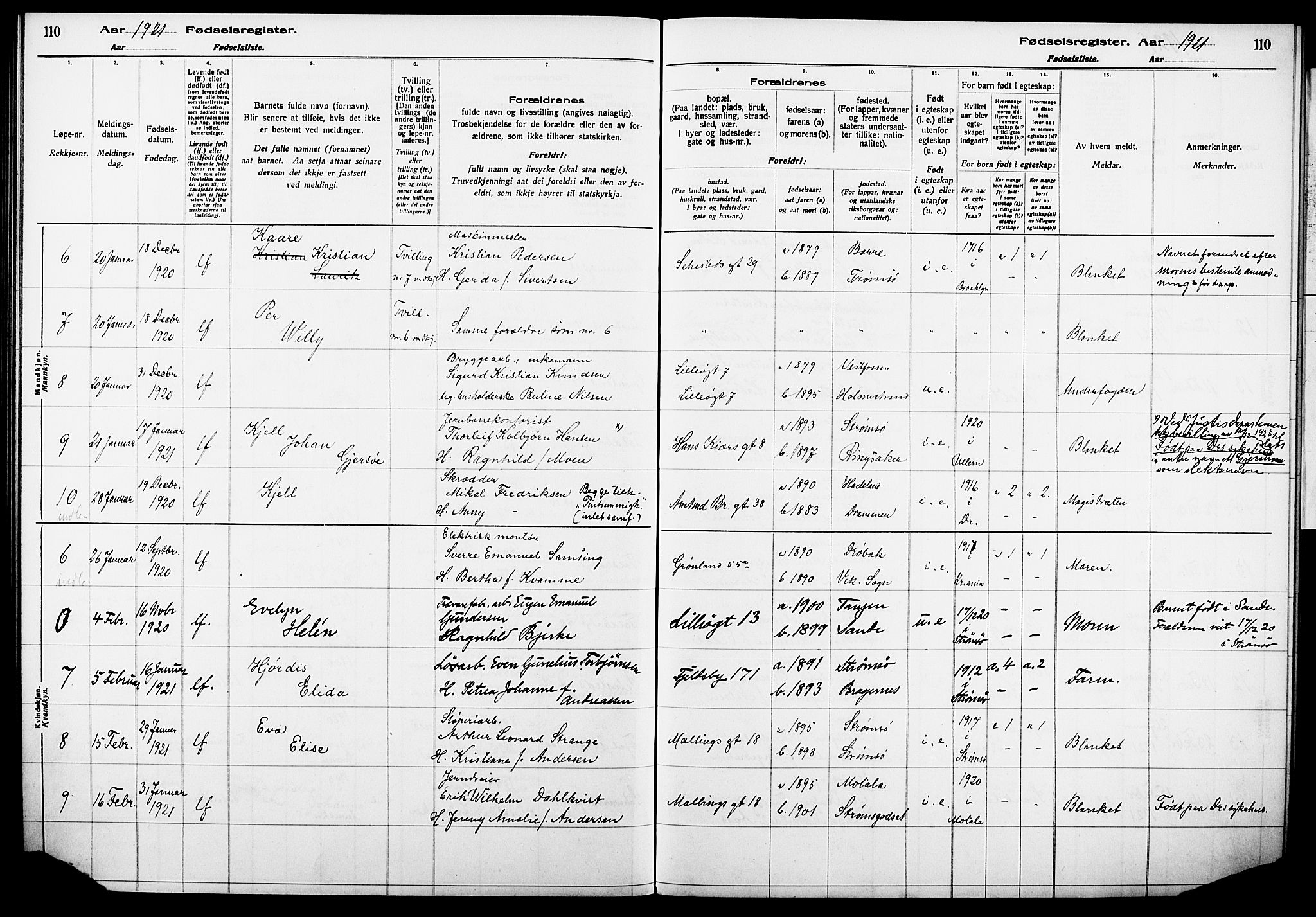 Strømsø kirkebøker, AV/SAKO-A-246/J/Ja/L0001: Fødselsregister nr. I 1, 1916-1925, s. 110