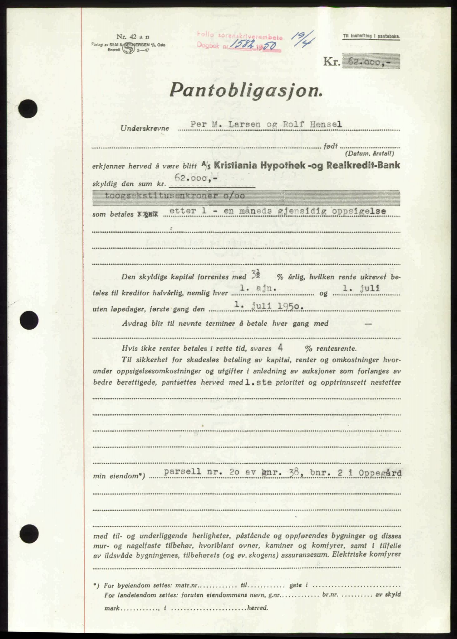 Follo sorenskriveri, SAO/A-10274/G/Ga/Gaa/L0092: Pantebok nr. I 92, 1950-1950, Dagboknr: 1582/1950