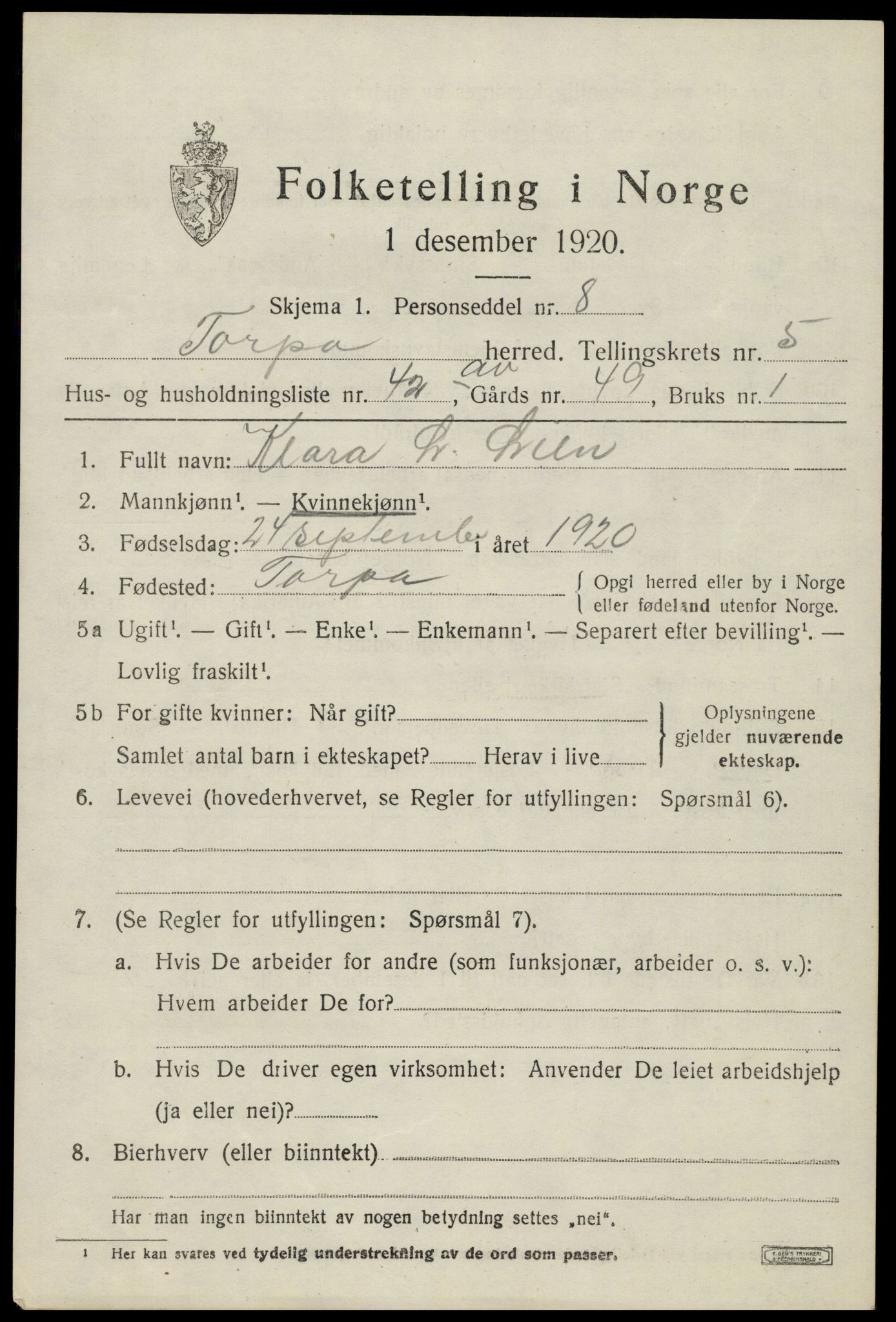 SAH, Folketelling 1920 for 0539 Torpa herred, 1920, s. 3973