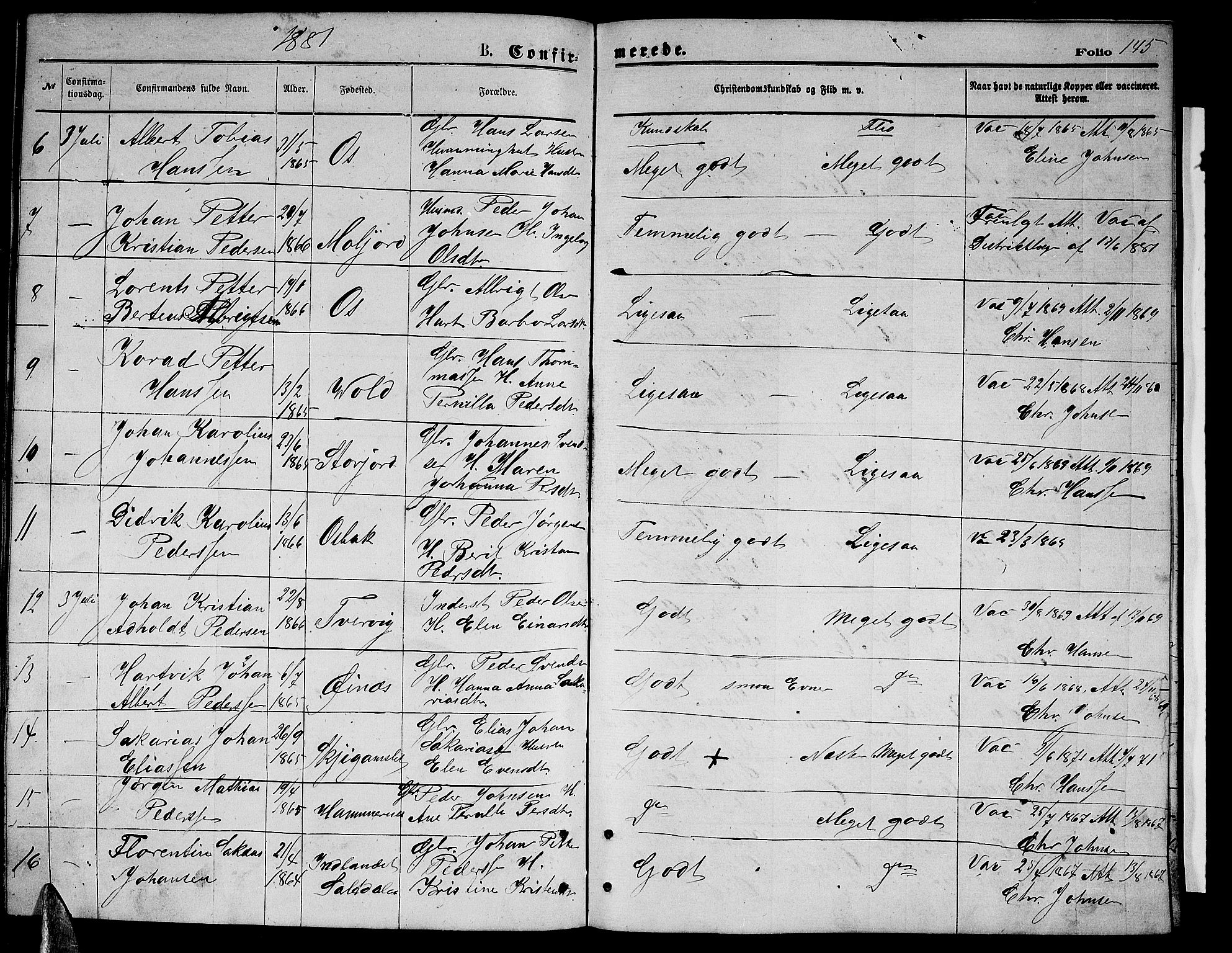 Ministerialprotokoller, klokkerbøker og fødselsregistre - Nordland, SAT/A-1459/846/L0653: Klokkerbok nr. 846C03, 1872-1887, s. 145