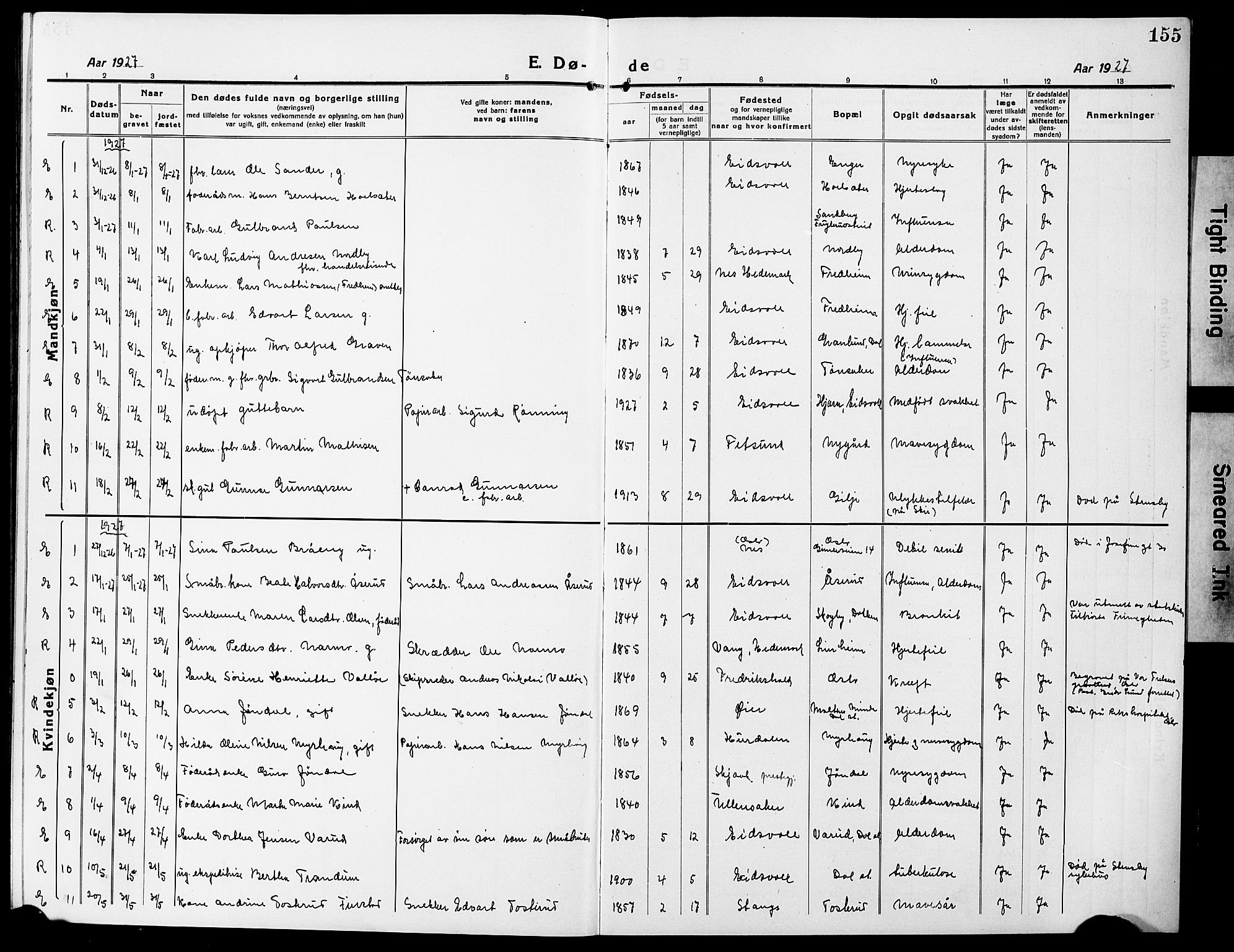 Eidsvoll prestekontor Kirkebøker, AV/SAO-A-10888/G/Ga/L0009: Klokkerbok nr. I 9, 1914-1927, s. 155