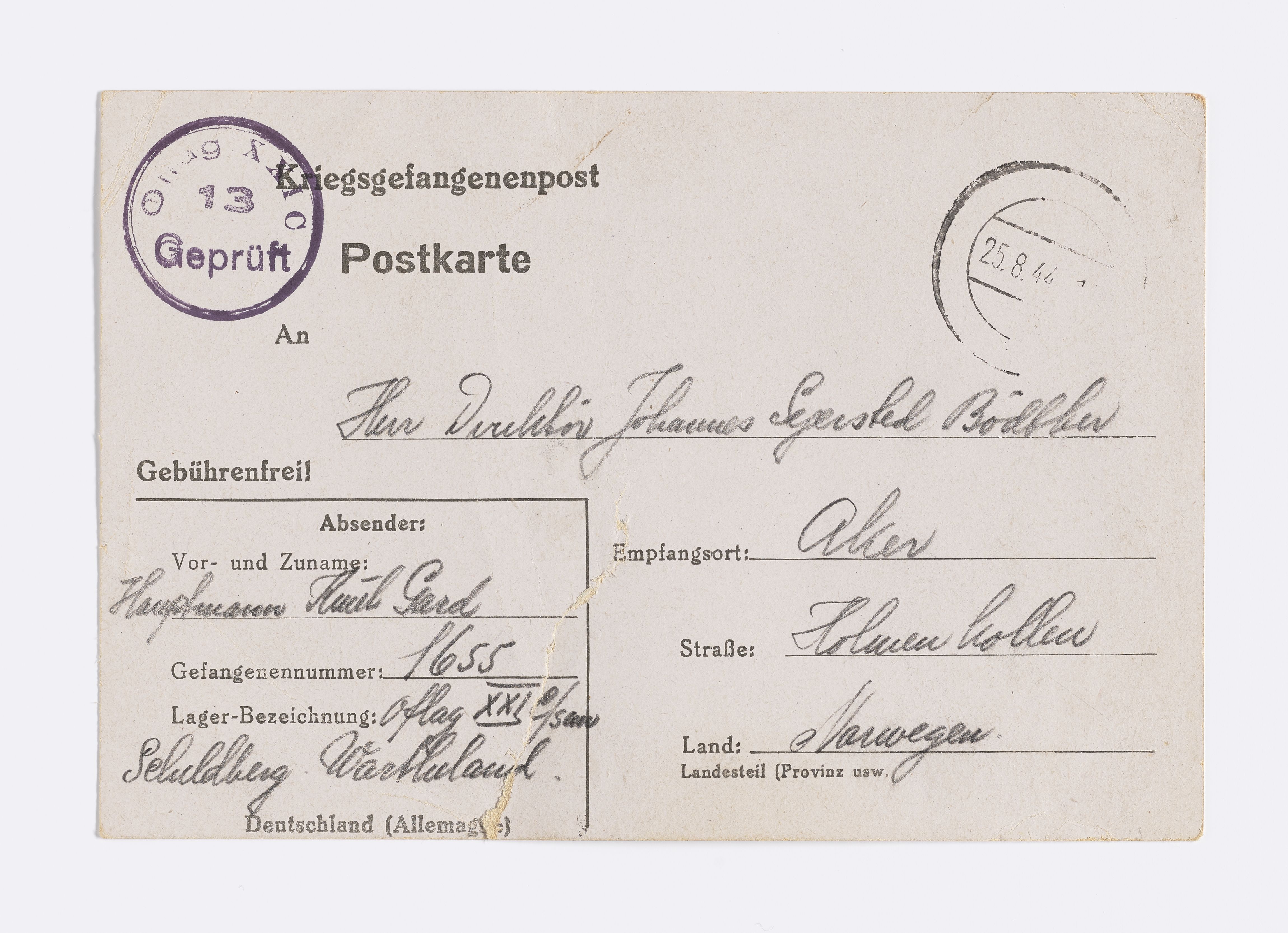 Johannes Sejersted Bødtker, AFM/GRI-1001/D/Db/Dbb/L0003/0001: Inngående brev / Brev, 1944