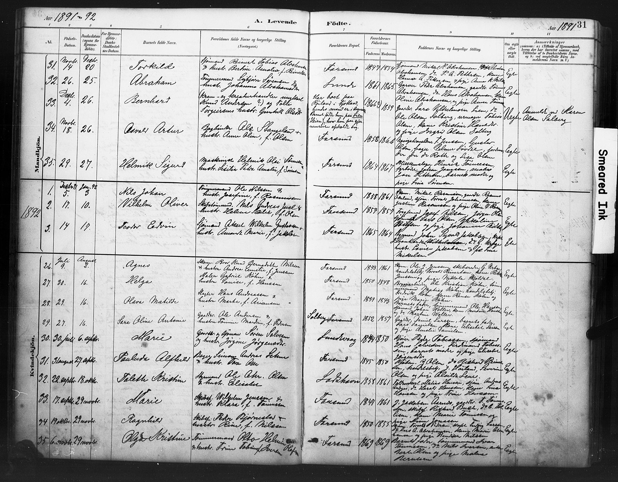 Farsund sokneprestkontor, AV/SAK-1111-0009/F/Fb/L0001: Klokkerbok nr. B 1, 1886-1931, s. 31
