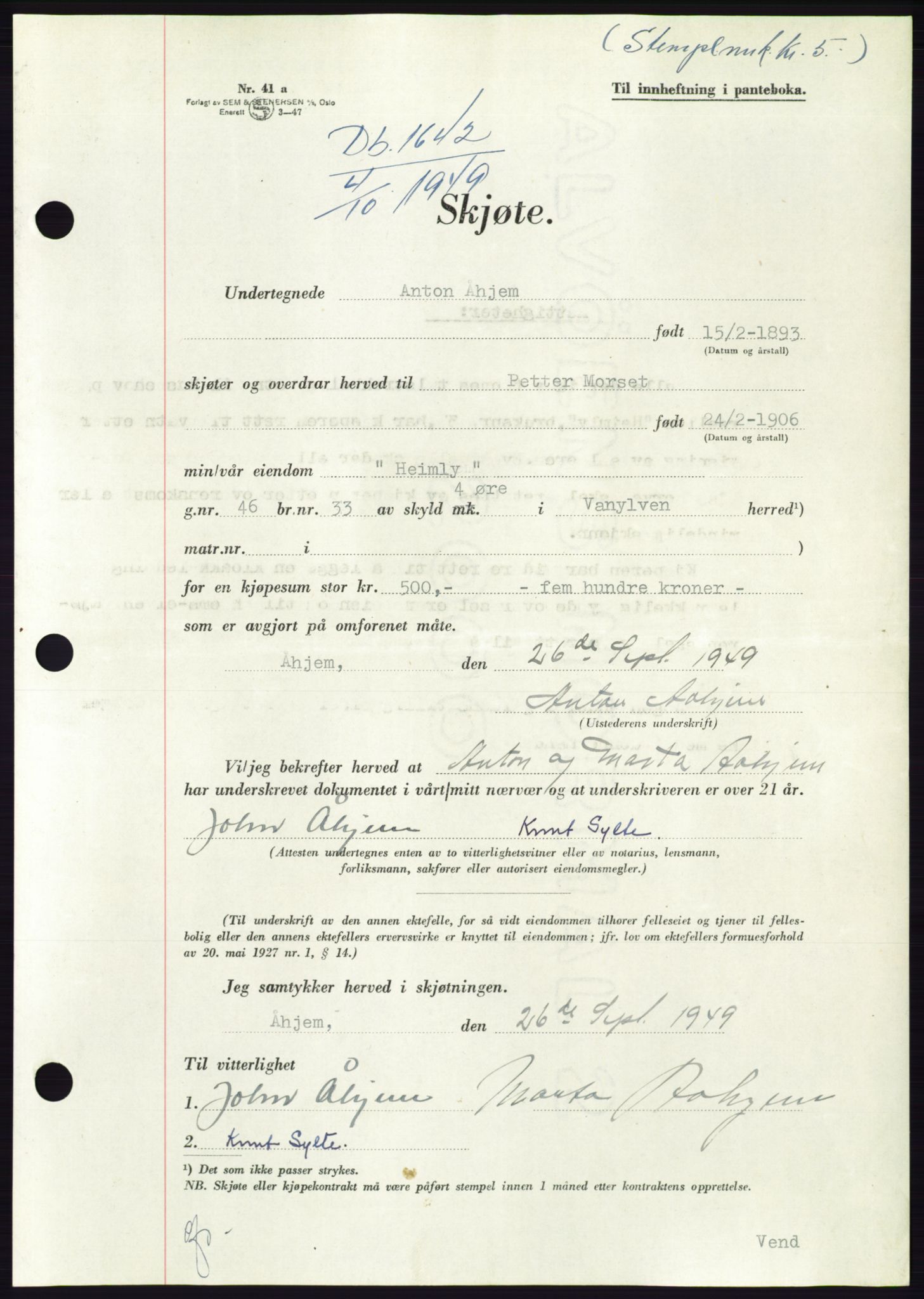 Søre Sunnmøre sorenskriveri, SAT/A-4122/1/2/2C/L0085: Pantebok nr. 11A, 1949-1949, Dagboknr: 1642/1949