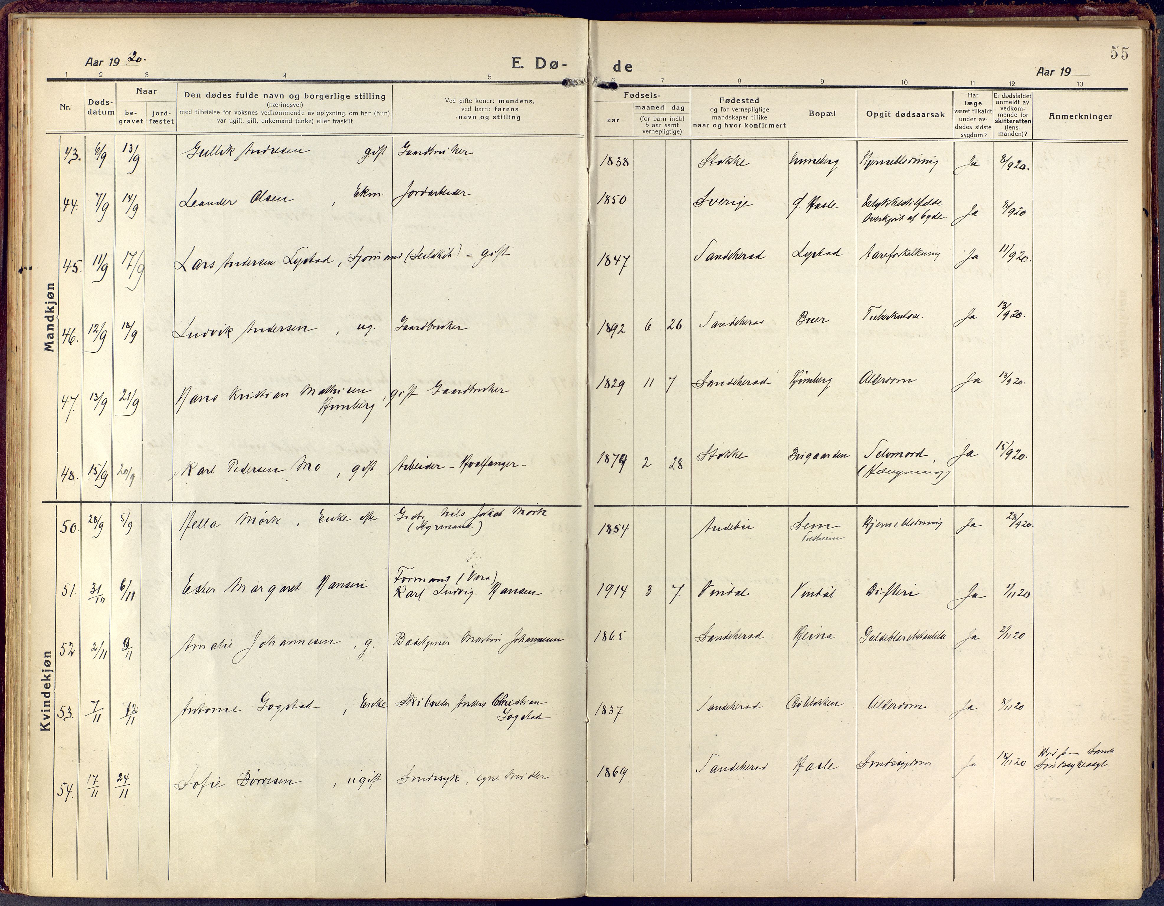 Sandar kirkebøker, AV/SAKO-A-243/F/Fa/L0021: Ministerialbok nr. 21, 1919-1925, s. 55