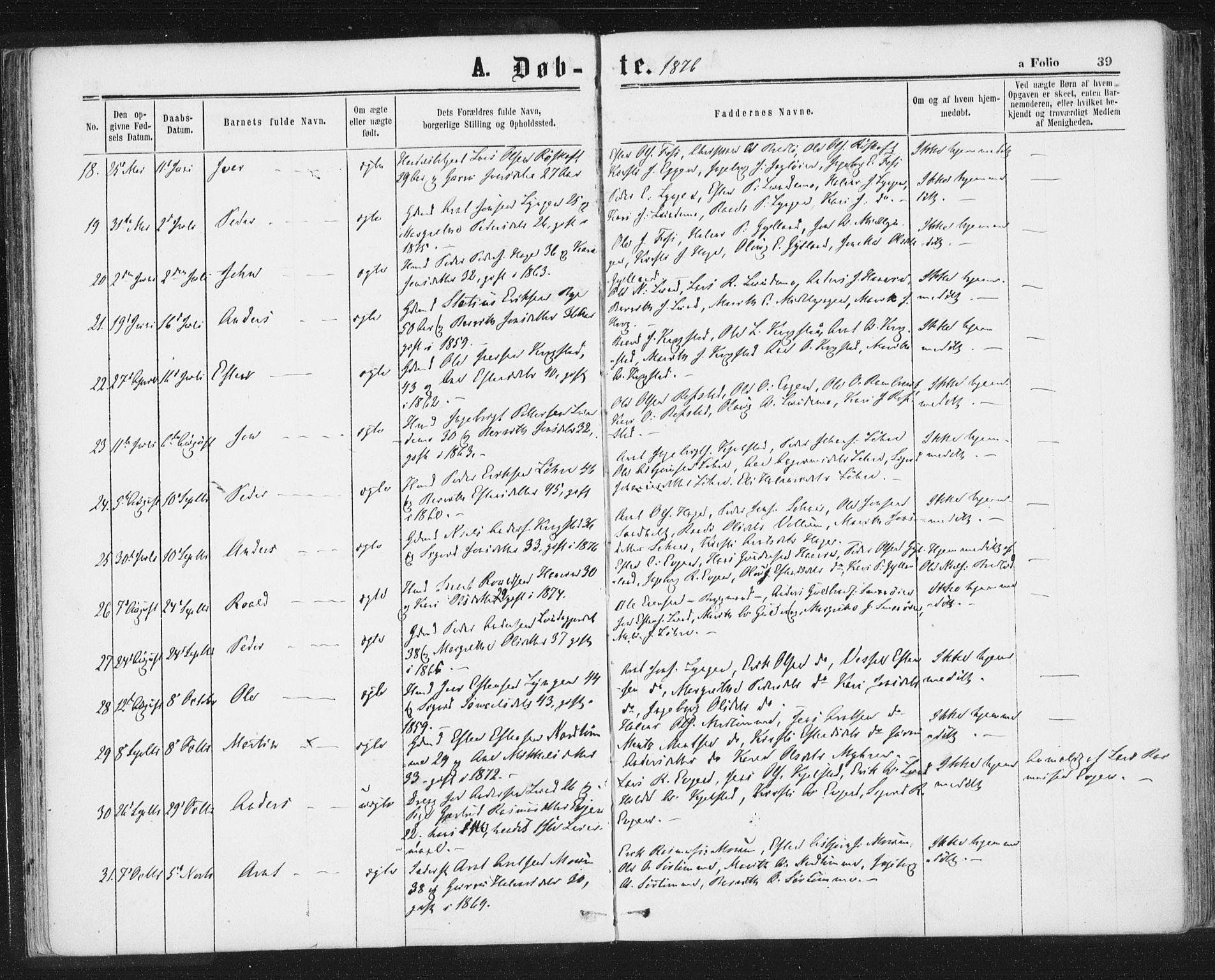 Ministerialprotokoller, klokkerbøker og fødselsregistre - Sør-Trøndelag, SAT/A-1456/692/L1104: Ministerialbok nr. 692A04, 1862-1878, s. 39