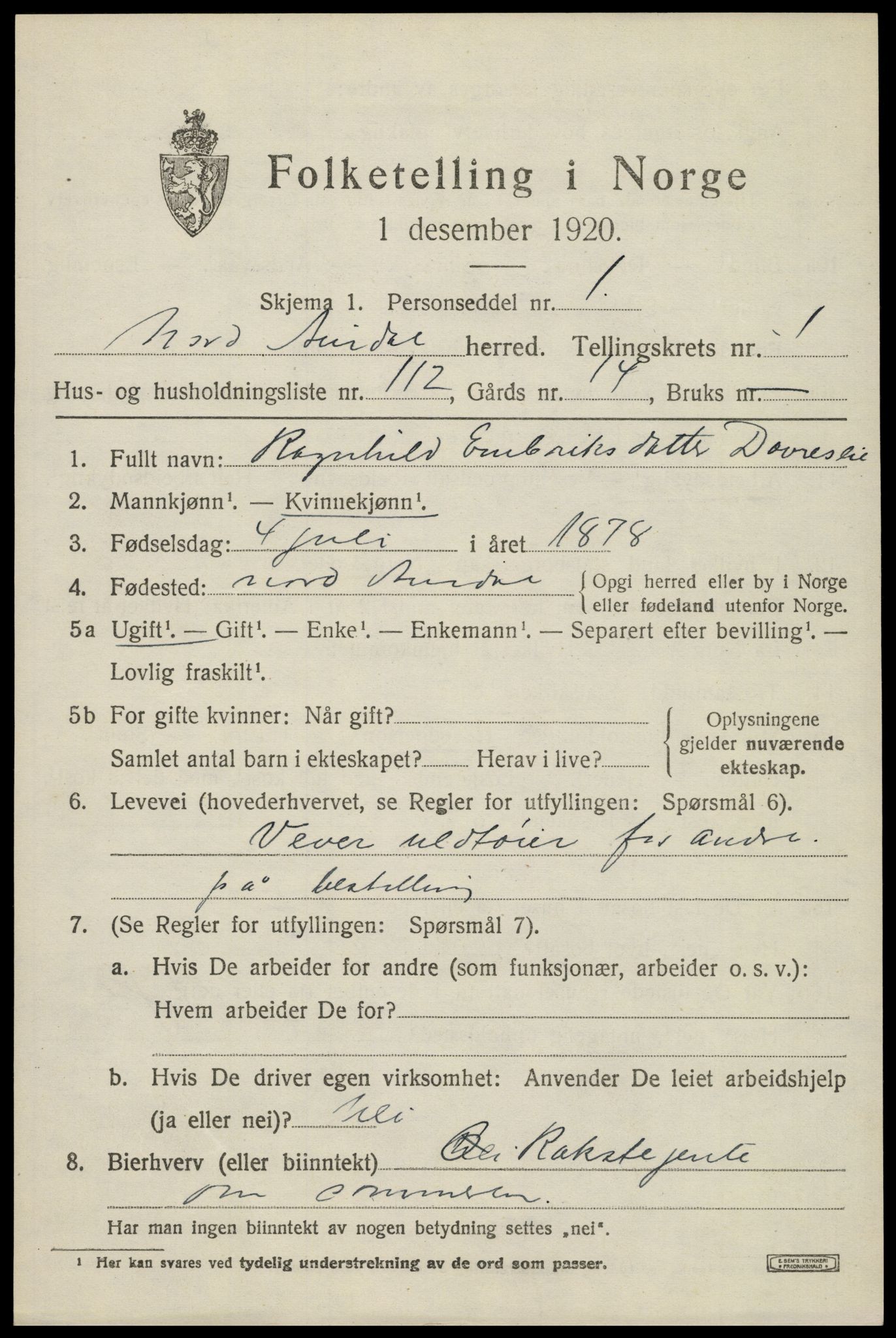 SAH, Folketelling 1920 for 0542 Nord-Aurdal herred, 1920, s. 3112
