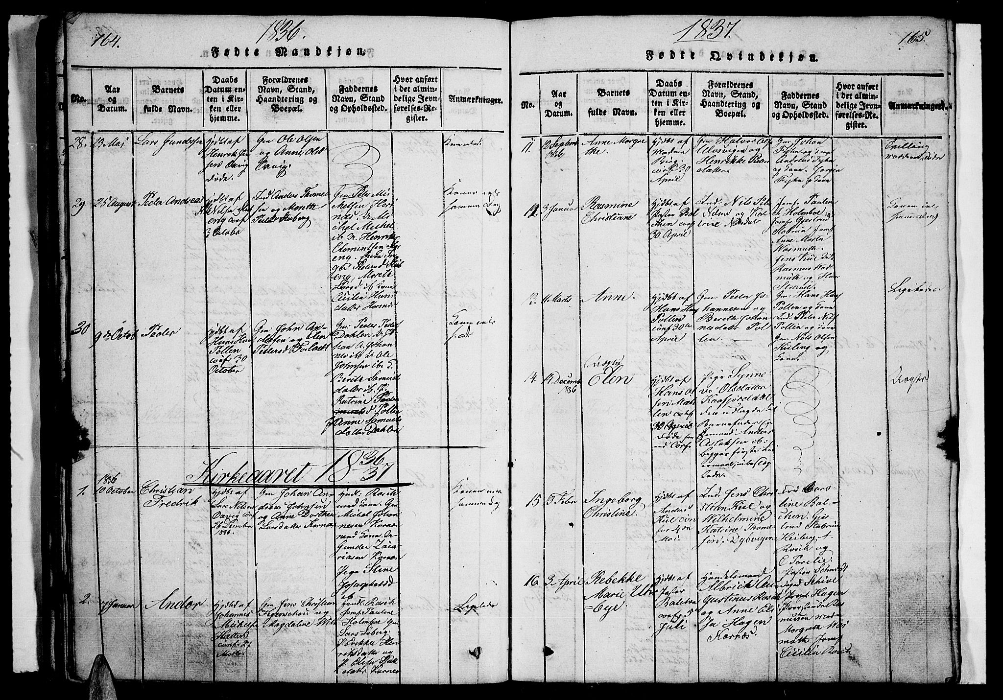 Lyngen sokneprestembete, AV/SATØ-S-1289/H/He/Heb/L0001klokker: Klokkerbok nr. 1, 1826-1838, s. 164-165