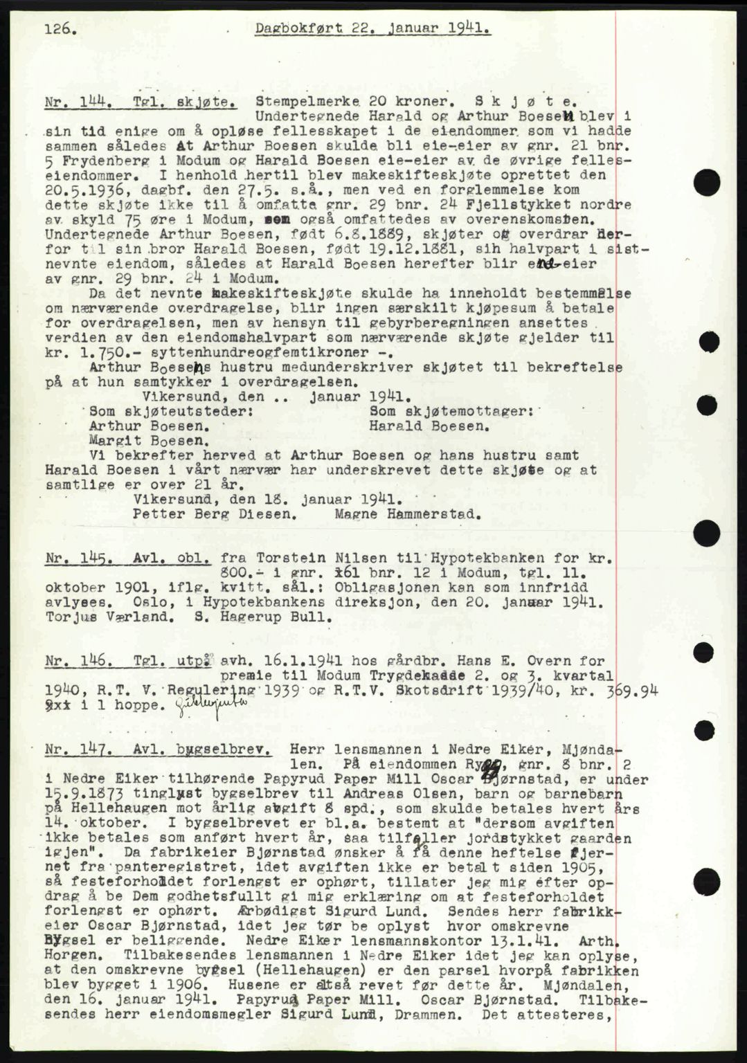 Eiker, Modum og Sigdal sorenskriveri, SAKO/A-123/G/Ga/Gab/L0043: Pantebok nr. A13, 1940-1941, Dagboknr: 144/1941