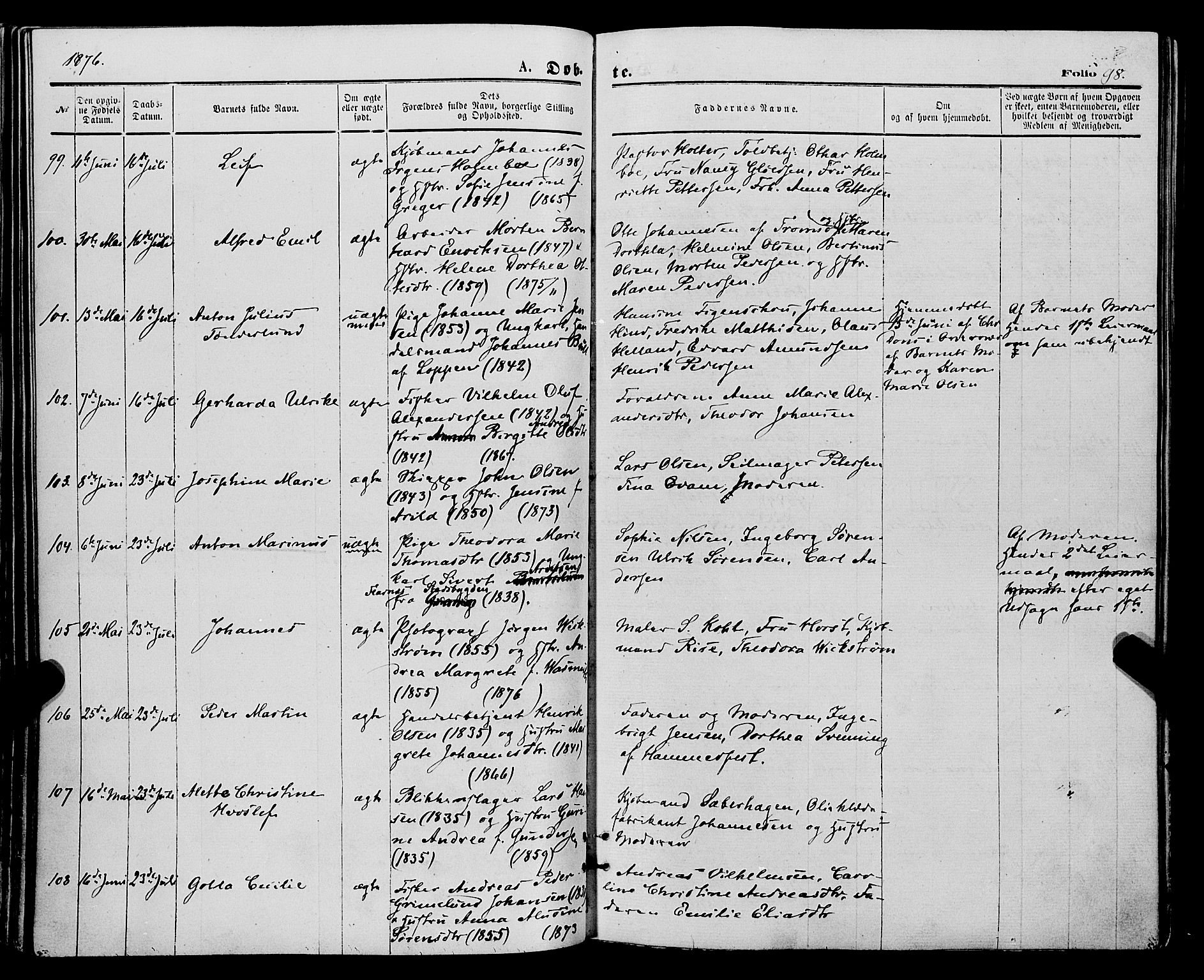 Tromsø sokneprestkontor/stiftsprosti/domprosti, AV/SATØ-S-1343/G/Ga/L0013kirke: Ministerialbok nr. 13, 1872-1877, s. 98