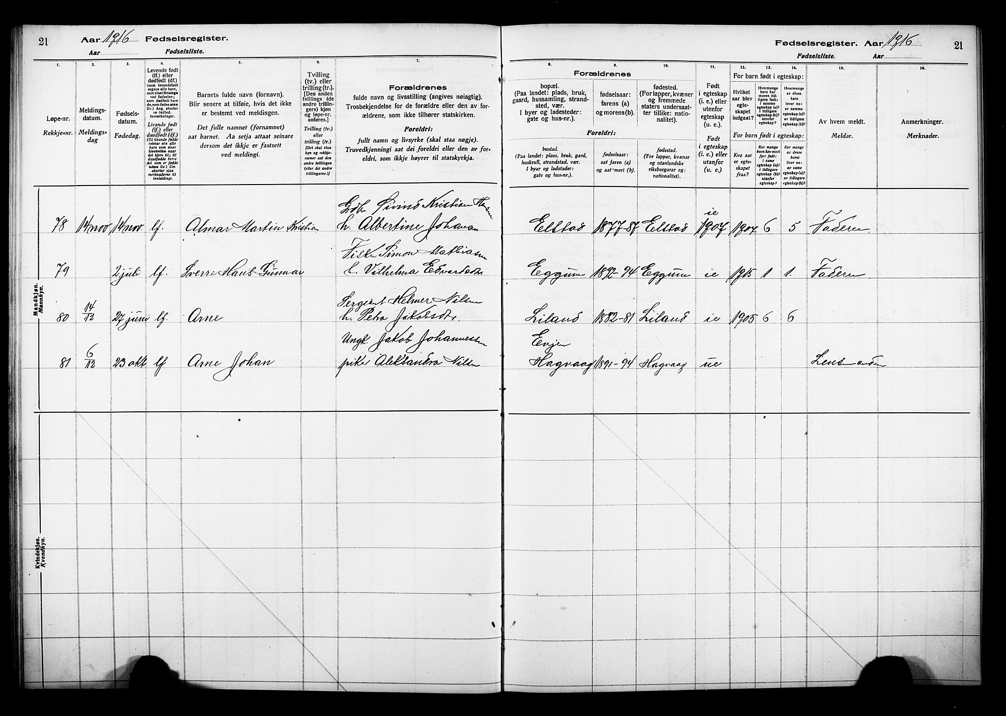 Ministerialprotokoller, klokkerbøker og fødselsregistre - Nordland, AV/SAT-A-1459/880/L1145: Fødselsregister nr. 880.II.4.1, 1916-1929, s. 21