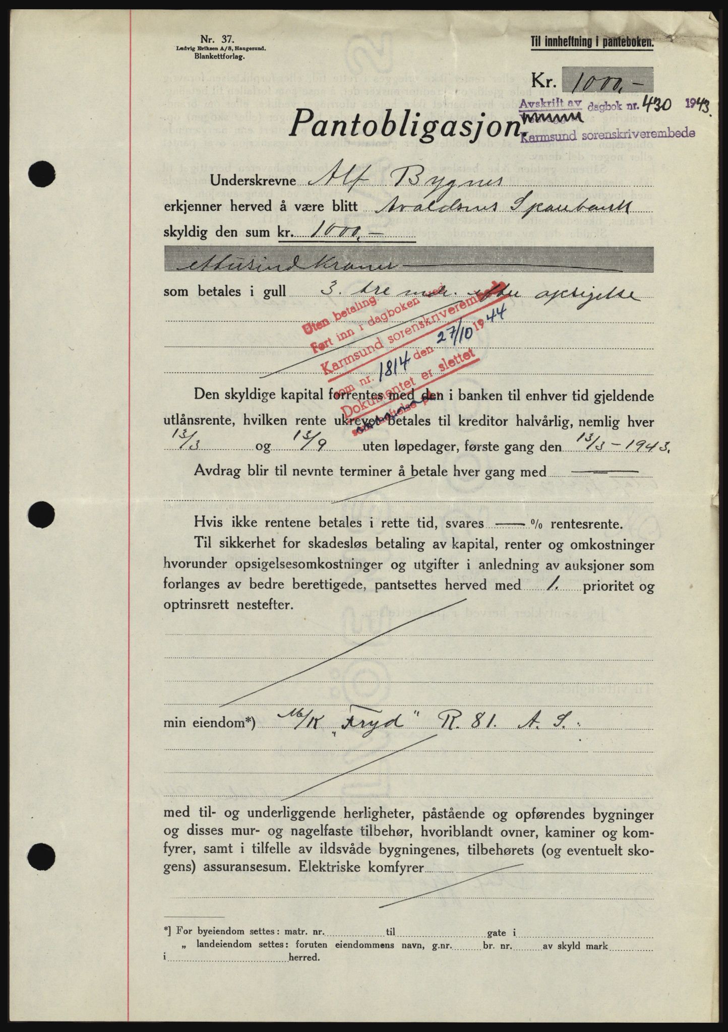 Karmsund sorenskriveri, SAST/A-100311/01/II/IIBBE/L0008: Pantebok nr. B 54, 1942-1943, Dagboknr: 430/1943