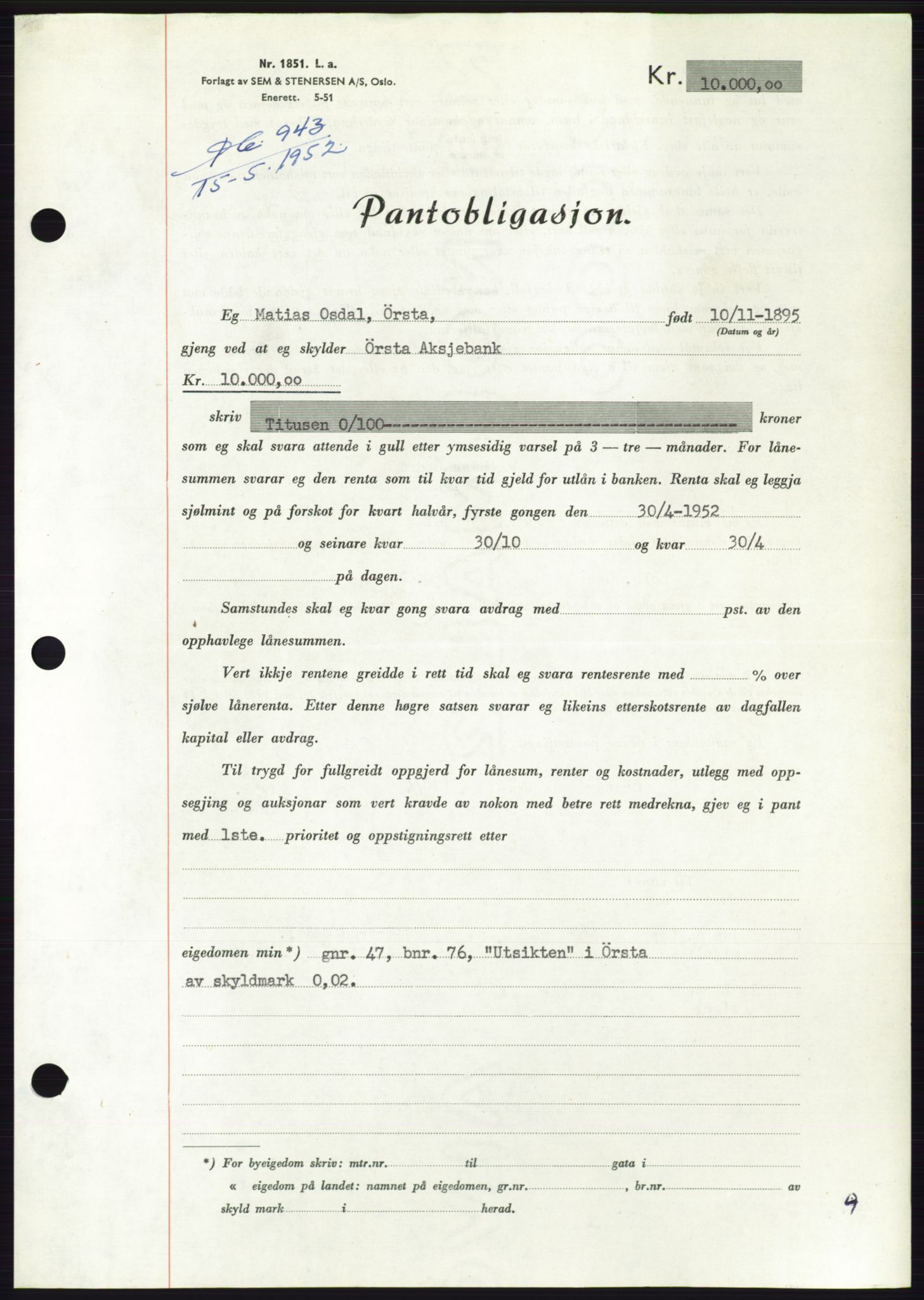 Søre Sunnmøre sorenskriveri, AV/SAT-A-4122/1/2/2C/L0121: Pantebok nr. 9B, 1951-1952, Dagboknr: 943/1952