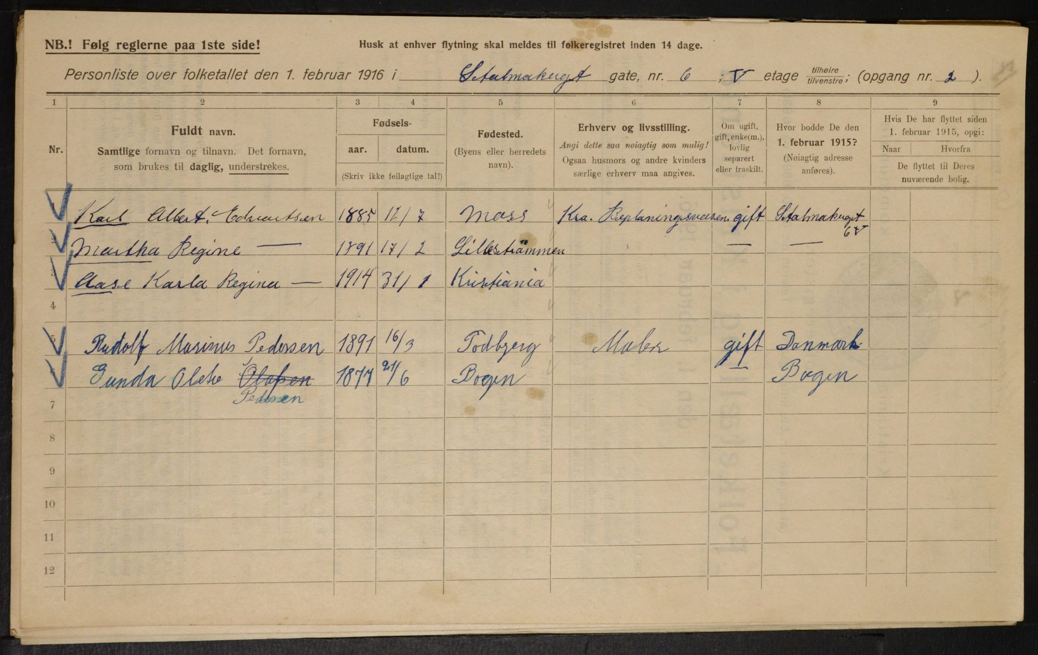 OBA, Kommunal folketelling 1.2.1916 for Kristiania, 1916, s. 105457