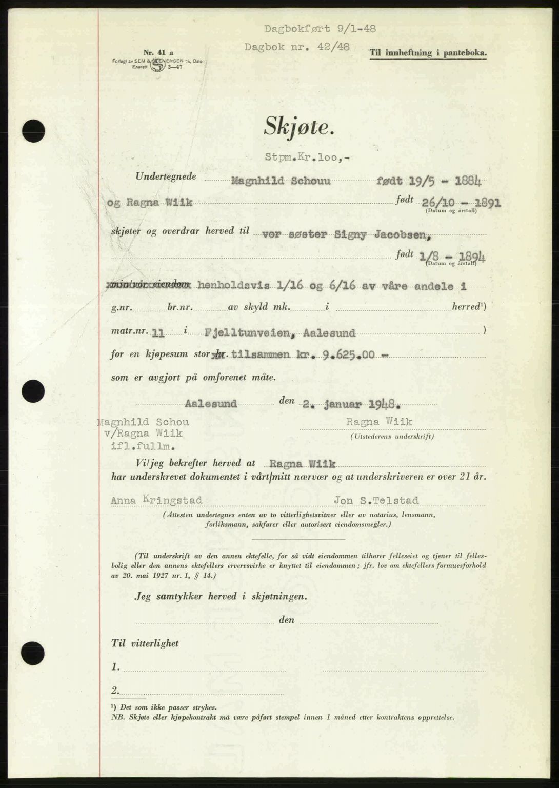 Ålesund byfogd, AV/SAT-A-4384: Pantebok nr. 37A (1), 1947-1949, Dagboknr: 42/1948