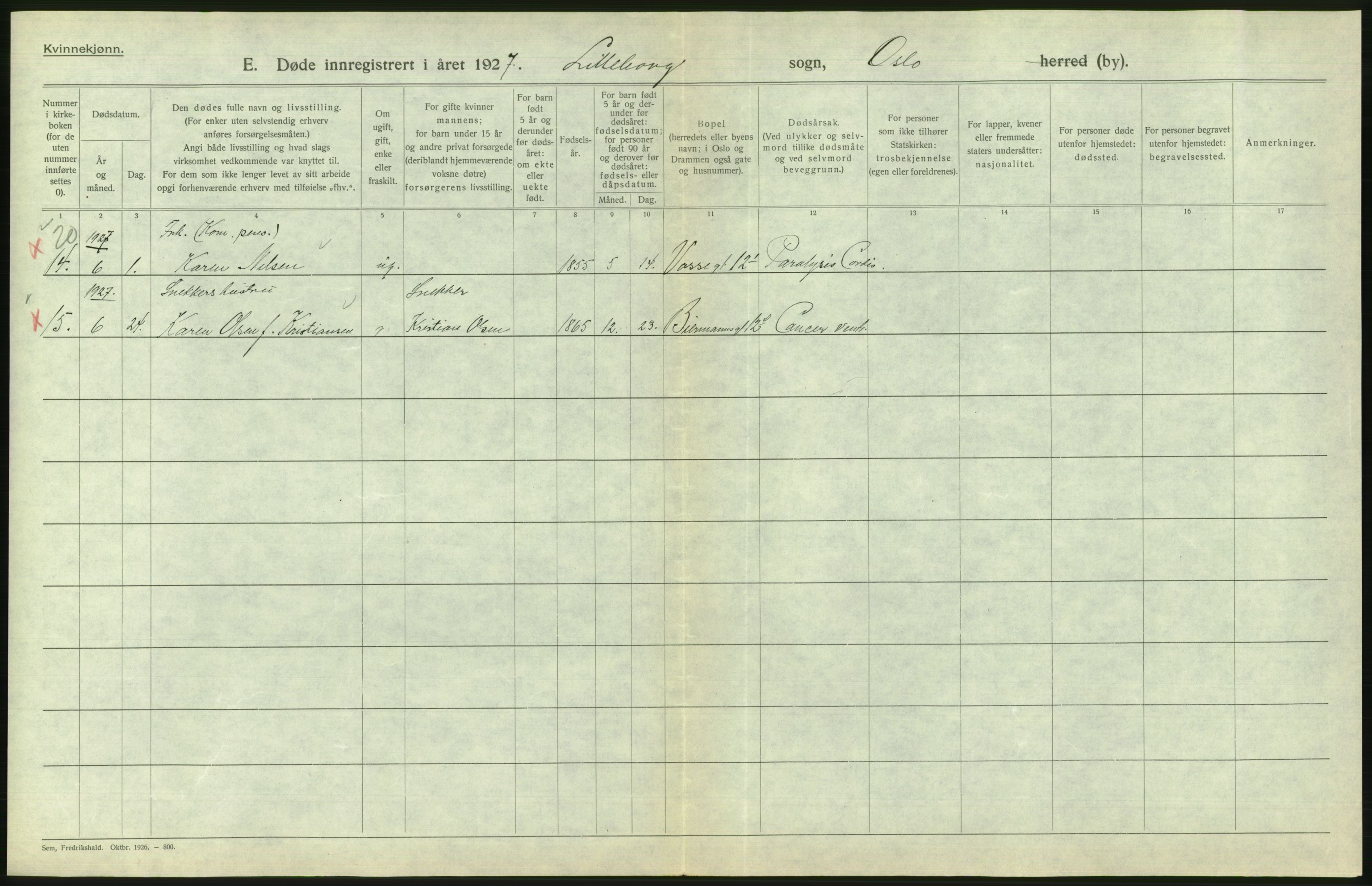 Statistisk sentralbyrå, Sosiodemografiske emner, Befolkning, AV/RA-S-2228/D/Df/Dfc/Dfcg/L0010: Oslo: Døde kvinner, dødfødte, 1927, s. 740