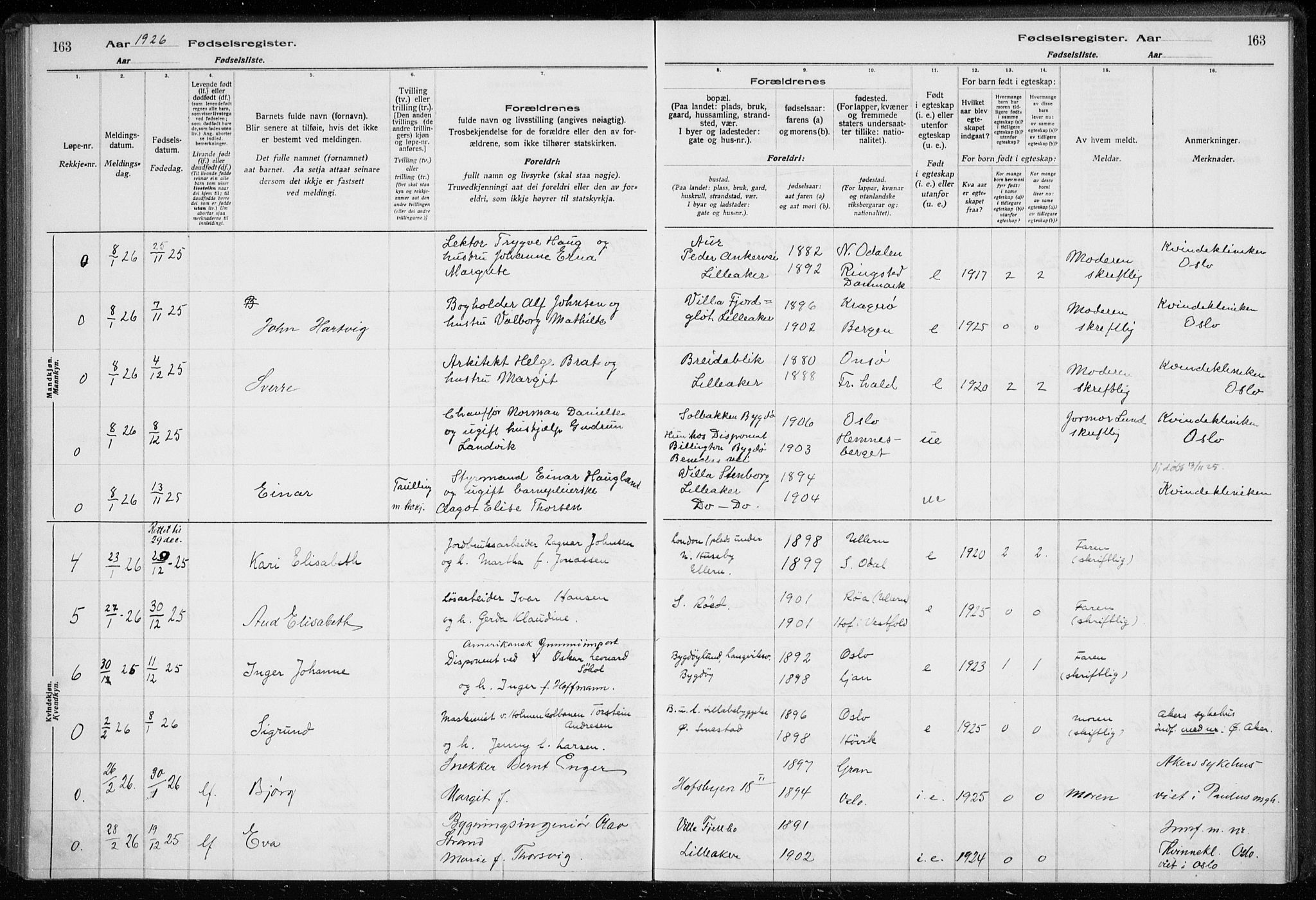 Ullern prestekontor Kirkebøker, AV/SAO-A-10740/J/L0001: Fødselsregister nr. 1, 1916-1928, s. 163