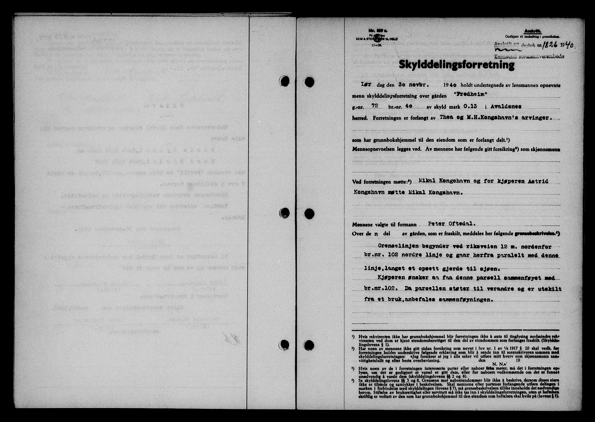 Karmsund sorenskriveri, SAST/A-100311/01/II/IIB/L0074: Pantebok nr. 55A, 1940-1941, Dagboknr: 1826/1940