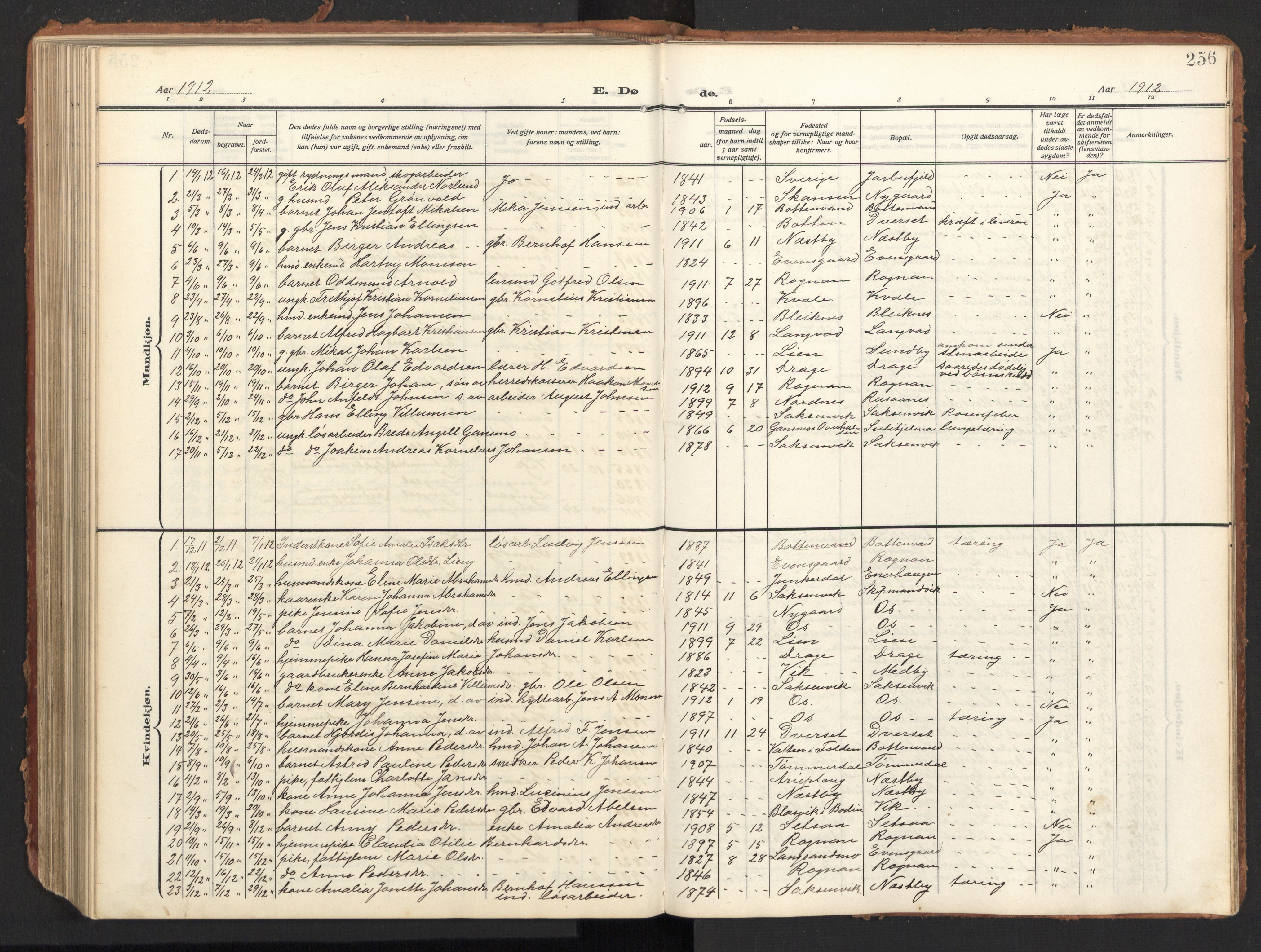 Ministerialprotokoller, klokkerbøker og fødselsregistre - Nordland, AV/SAT-A-1459/847/L0683: Klokkerbok nr. 847C11, 1908-1929, s. 256