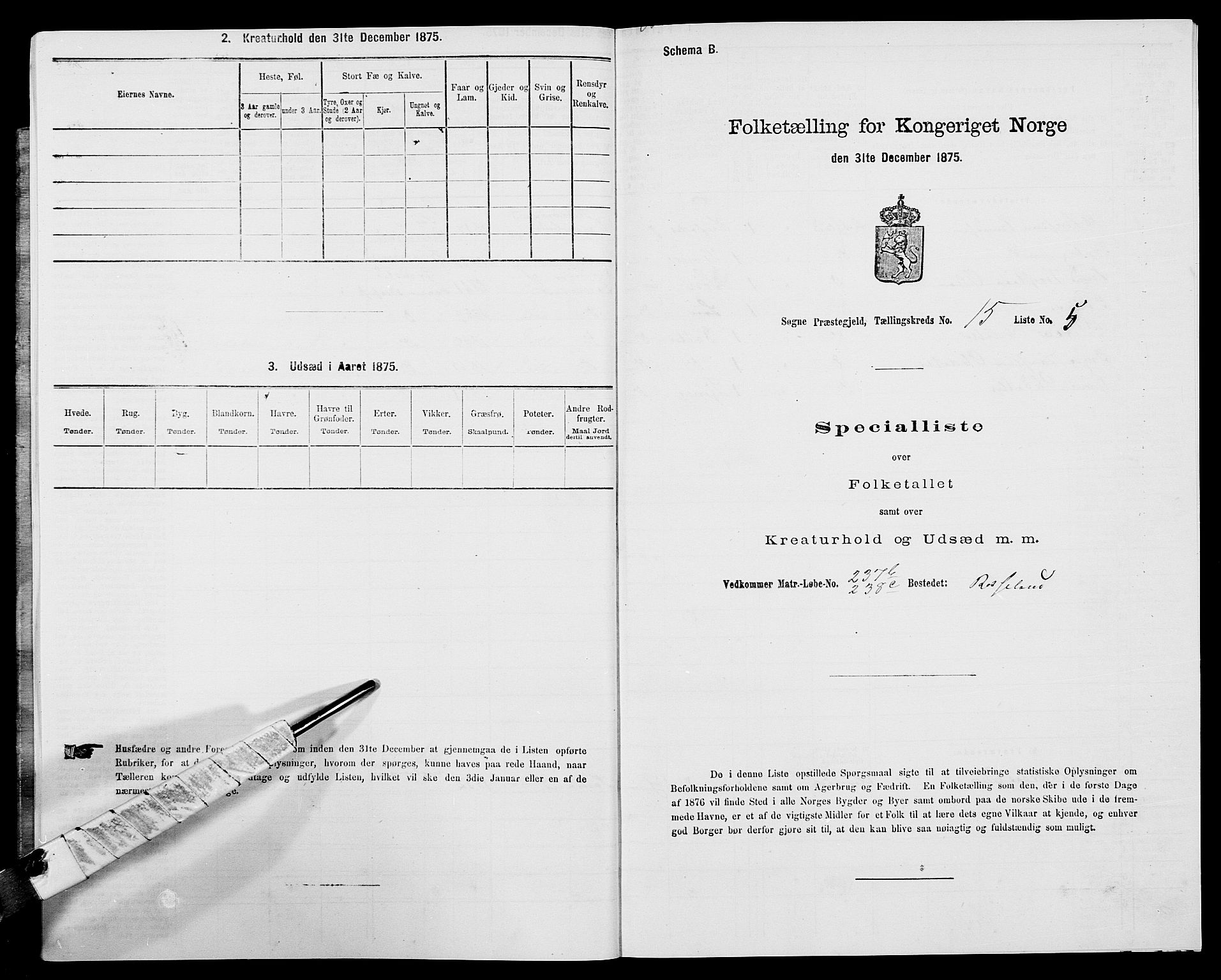 SAK, Folketelling 1875 for 1018P Søgne prestegjeld, 1875, s. 1123