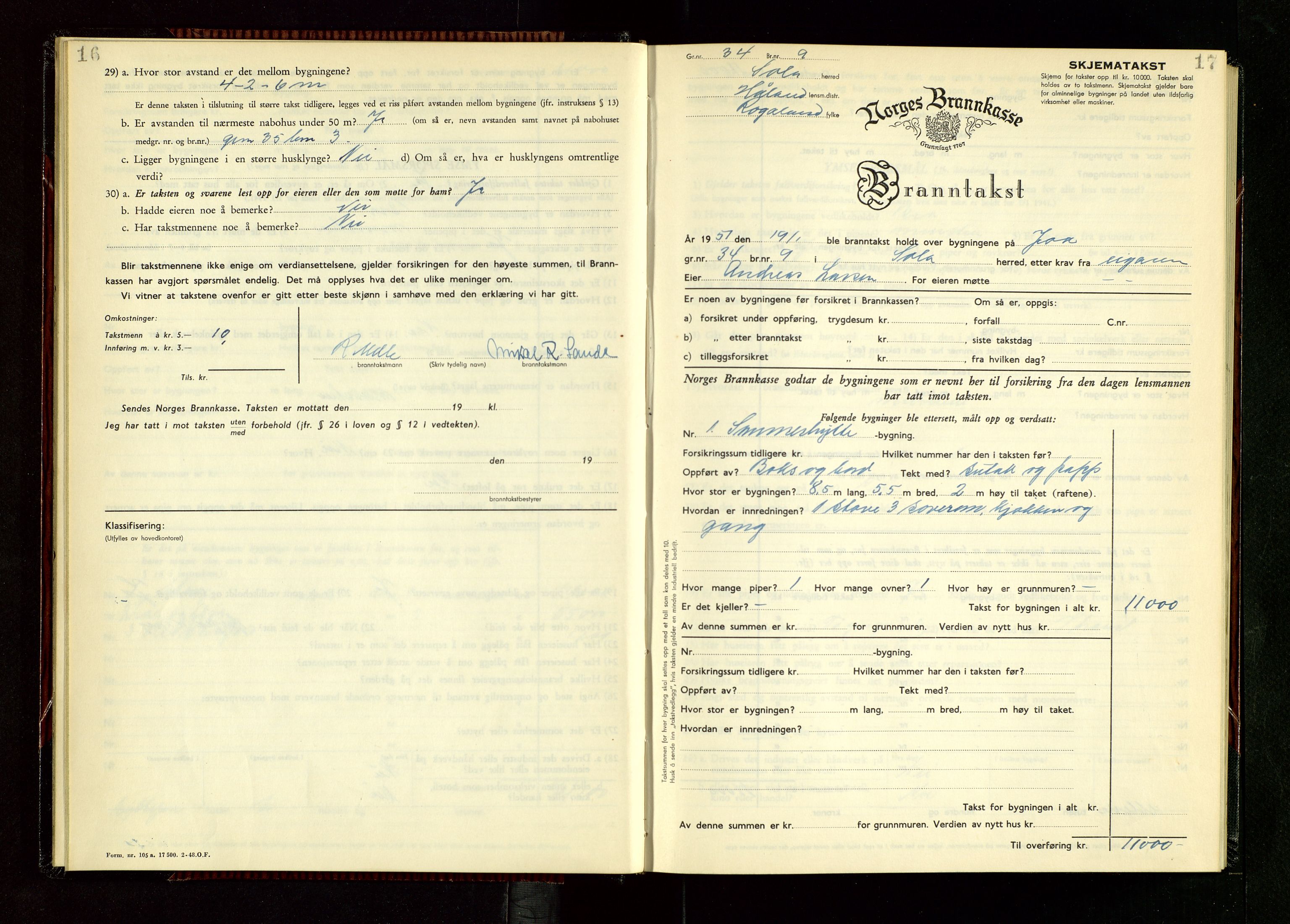 Håland lensmannskontor, AV/SAST-A-100100/Gob/L0014: "Branntakstprotokoll" - skjematakst, 1951-1955, s. 16-17