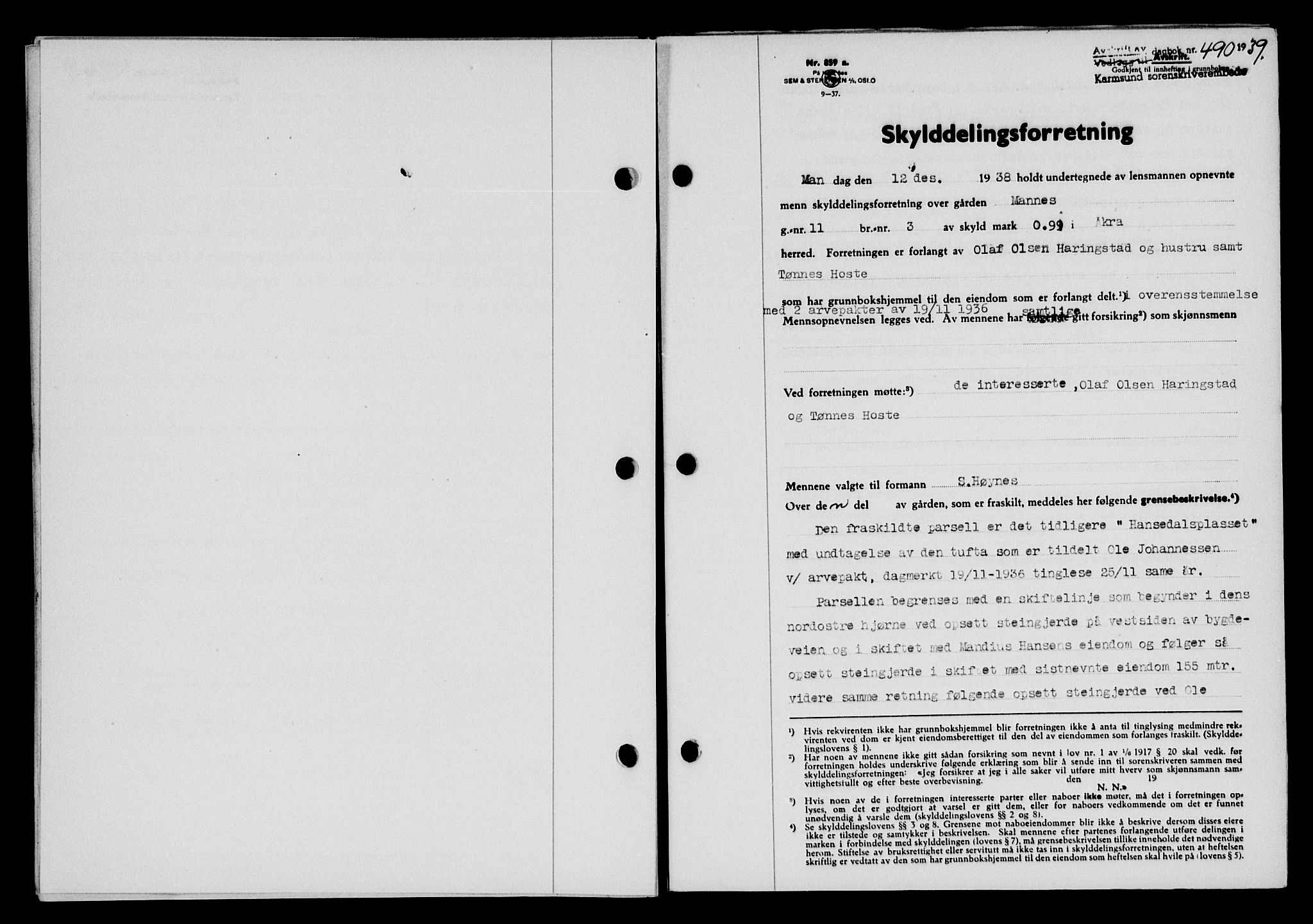 Karmsund sorenskriveri, SAST/A-100311/01/II/IIB/L0071: Pantebok nr. 52A, 1939-1939, Dagboknr: 490/1939