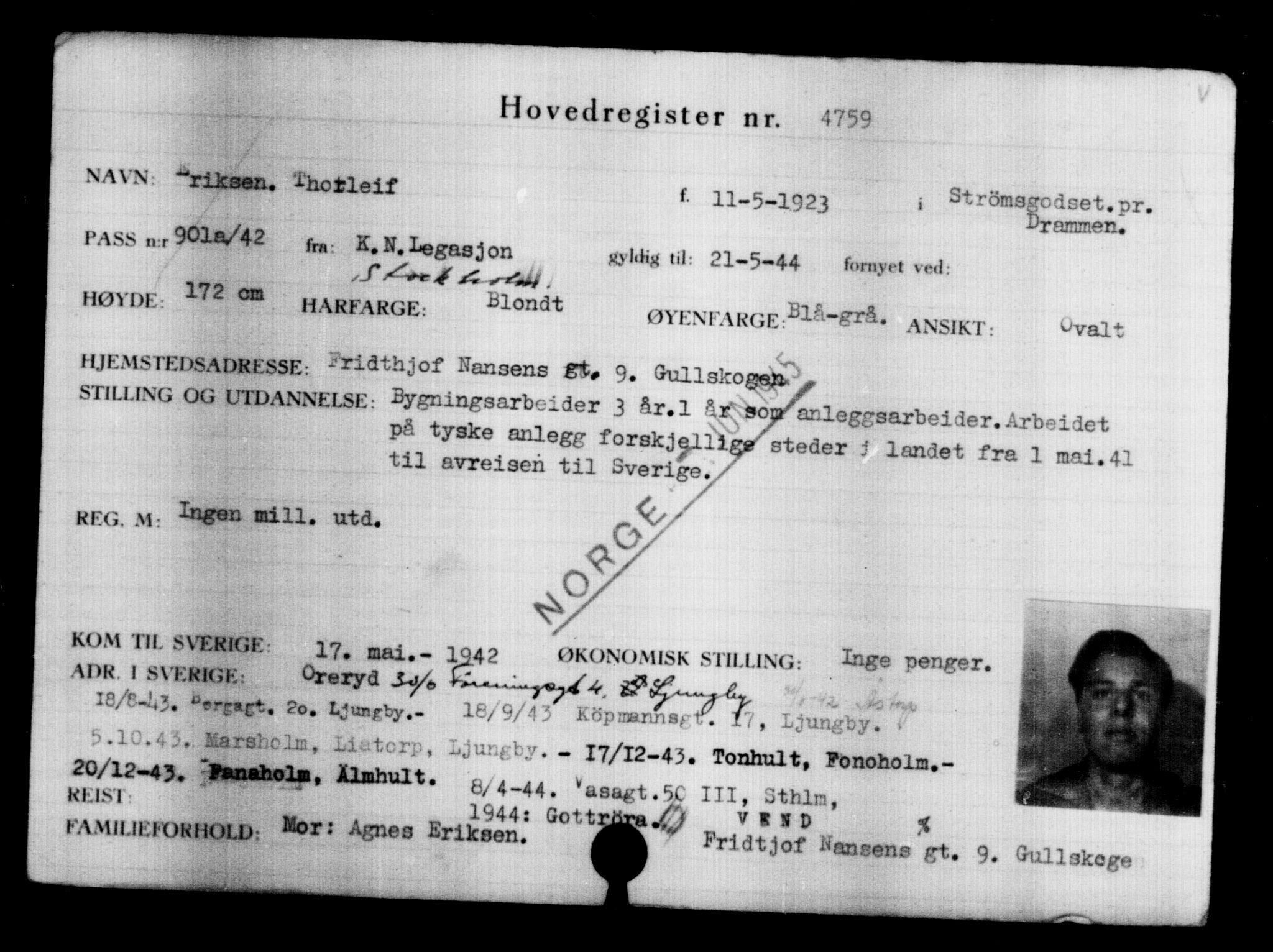 Utenriksstasjonene, Legasjonen i Stockholm, Flyktningkontoret, AV/RA-S-6753/V/Va/L0004: Kjesäterkartoteket, flyktninger med registreringsnr. 3496-6610, 1940-1945, s. 1492