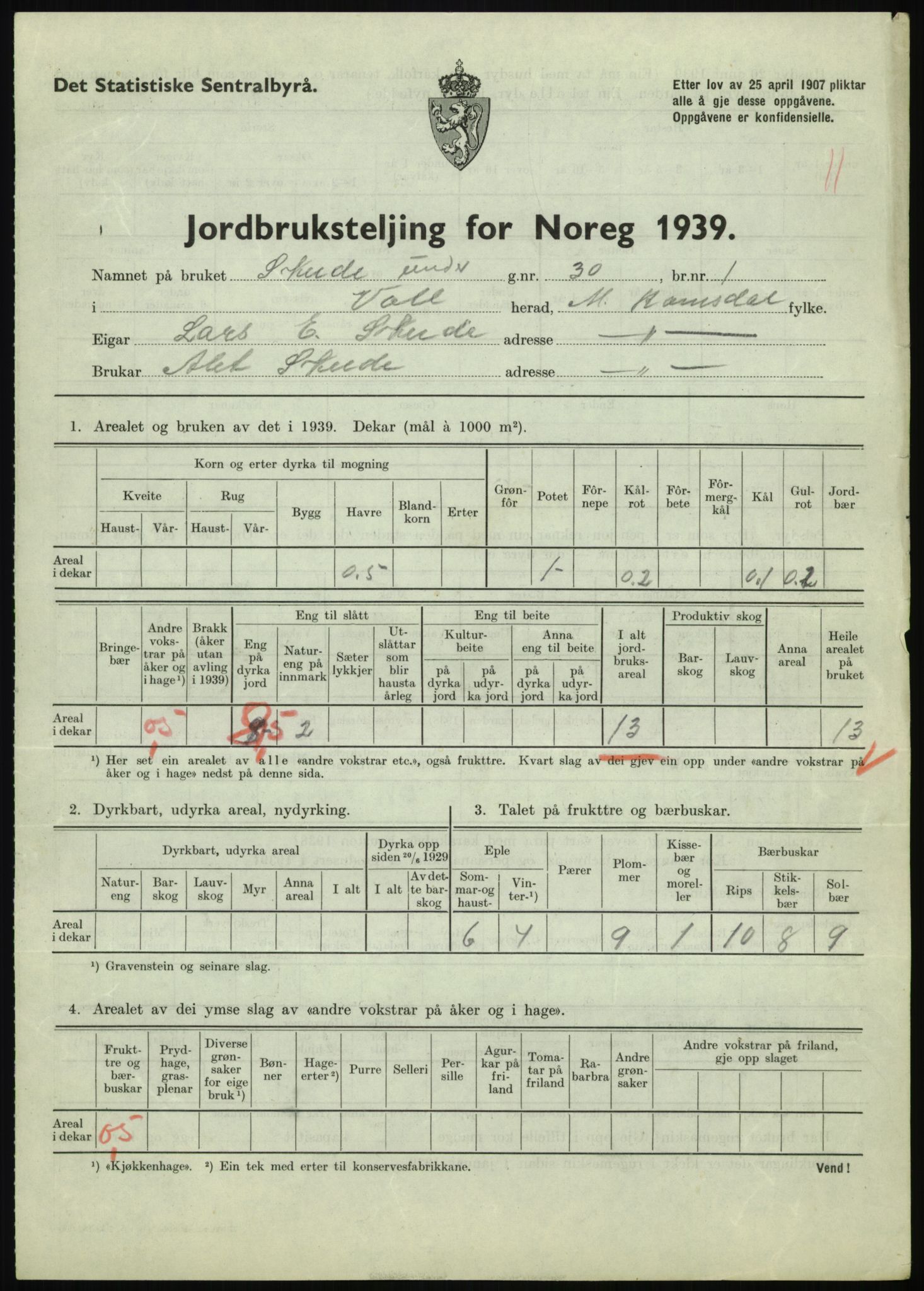 Statistisk sentralbyrå, Næringsøkonomiske emner, Jordbruk, skogbruk, jakt, fiske og fangst, AV/RA-S-2234/G/Gb/L0251: Møre og Romsdal: Voll, Eid, Grytten og Hen, 1939, s. 87