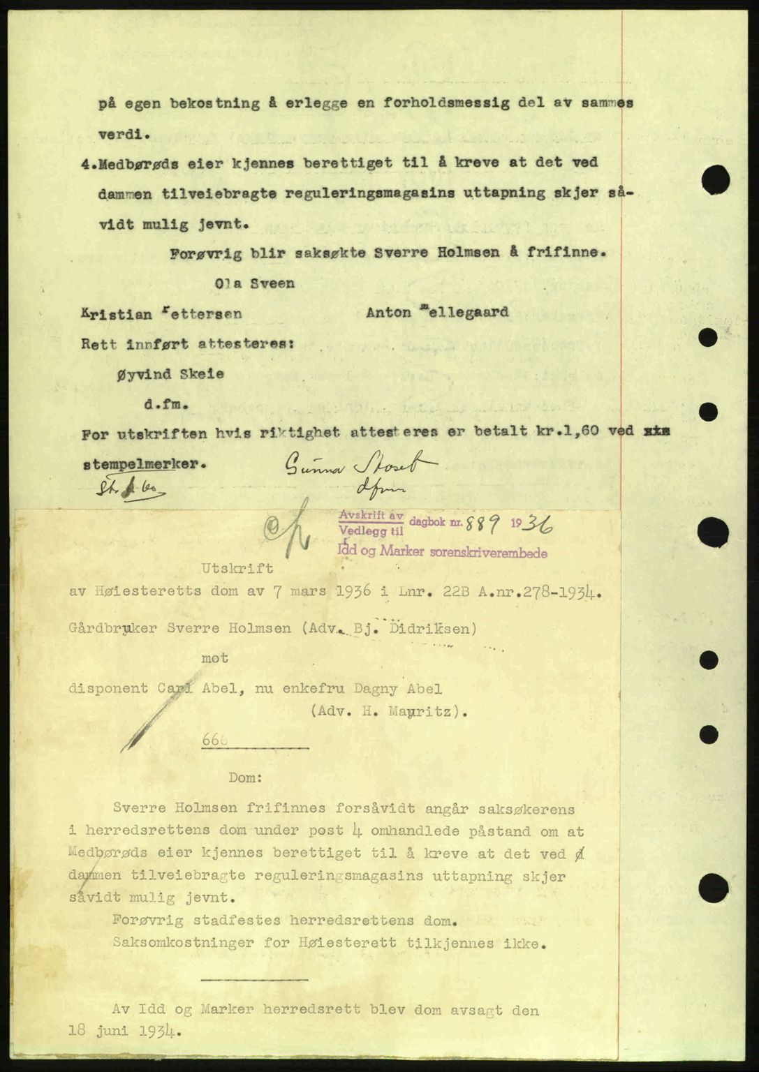 Idd og Marker sorenskriveri, AV/SAO-A-10283/G/Gb/Gbb/L0001: Pantebok nr. A1, 1936-1937, Dagboknr: 888/1936