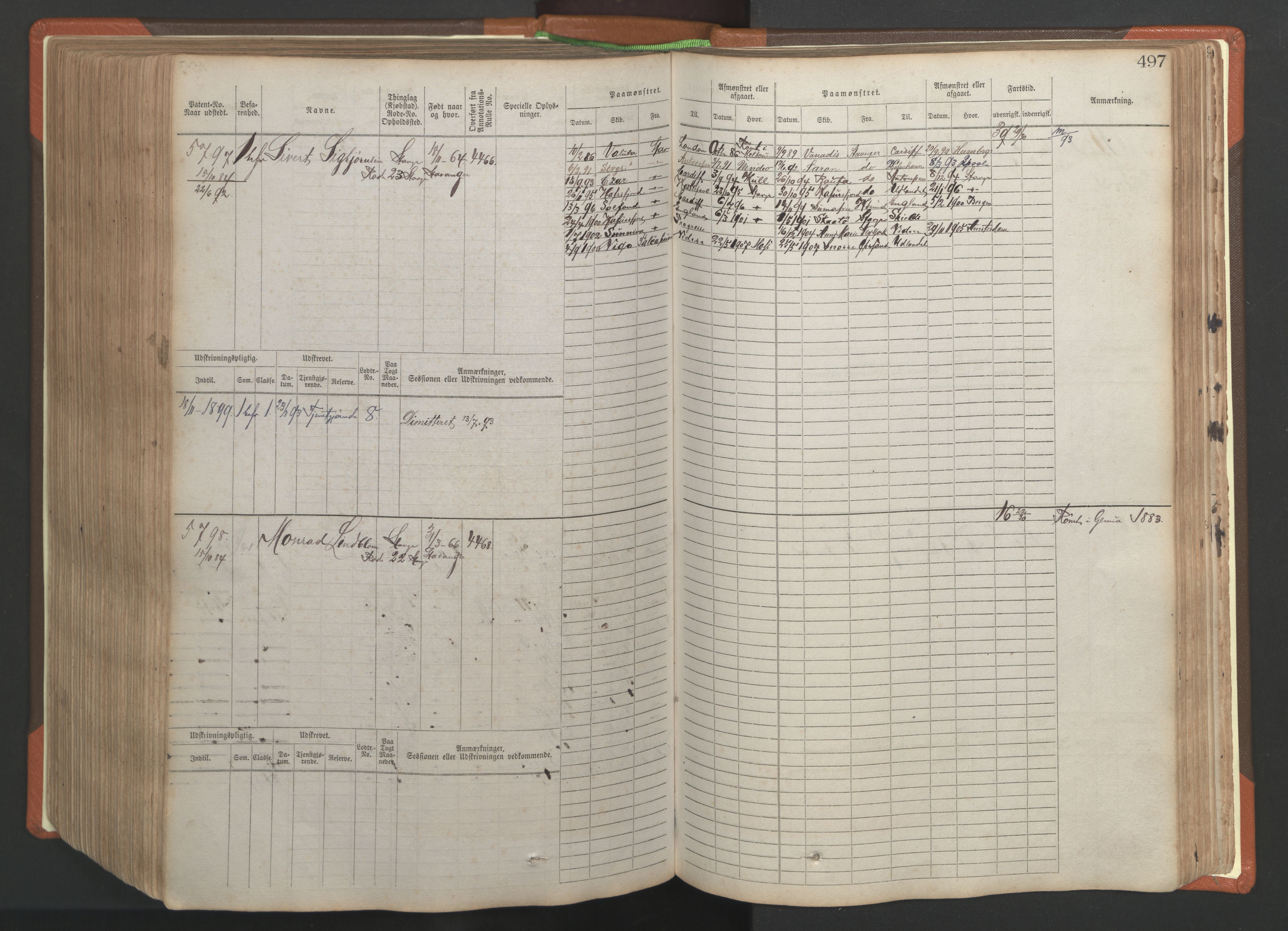 Stavanger sjømannskontor, AV/SAST-A-102006/F/Fb/Fbb/L0009: Sjøfartshovedrulle, patentnr. 4805-6006, 1879-1887, s. 503