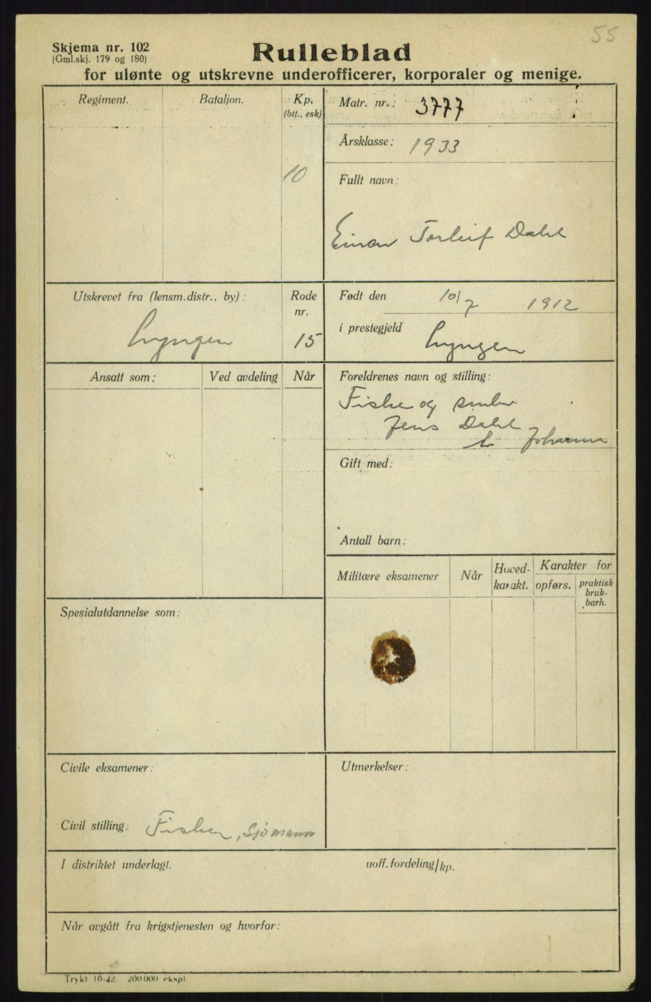 Forsvaret, Troms infanteriregiment nr. 16, AV/RA-RAFA-3146/P/Pa/L0017: Rulleblad for regimentets menige mannskaper, årsklasse 1933, 1933, s. 185