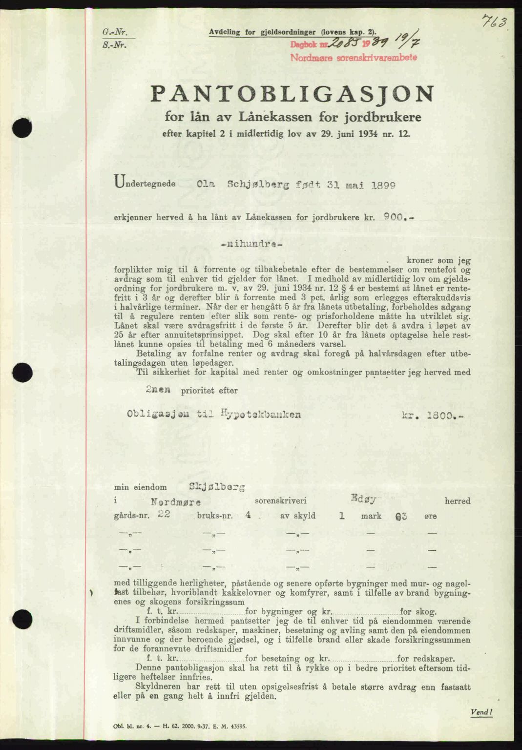 Nordmøre sorenskriveri, AV/SAT-A-4132/1/2/2Ca: Pantebok nr. B85, 1939-1939, Dagboknr: 2084/1939