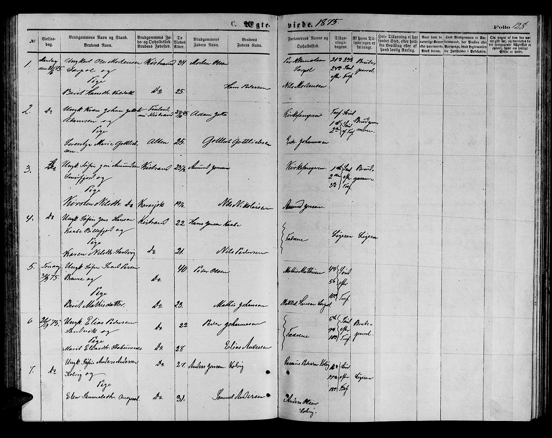 Kistrand/Porsanger sokneprestembete, AV/SATØ-S-1351/H/Hb/L0003.klokk: Klokkerbok nr. 3, 1874-1885, s. 128