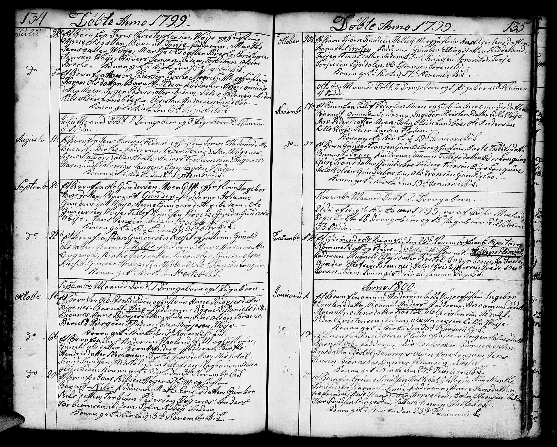 Austre Moland sokneprestkontor, SAK/1111-0001/F/Fa/Faa/L0002: Ministerialbok nr. A 2, 1747-1808, s. 134-135