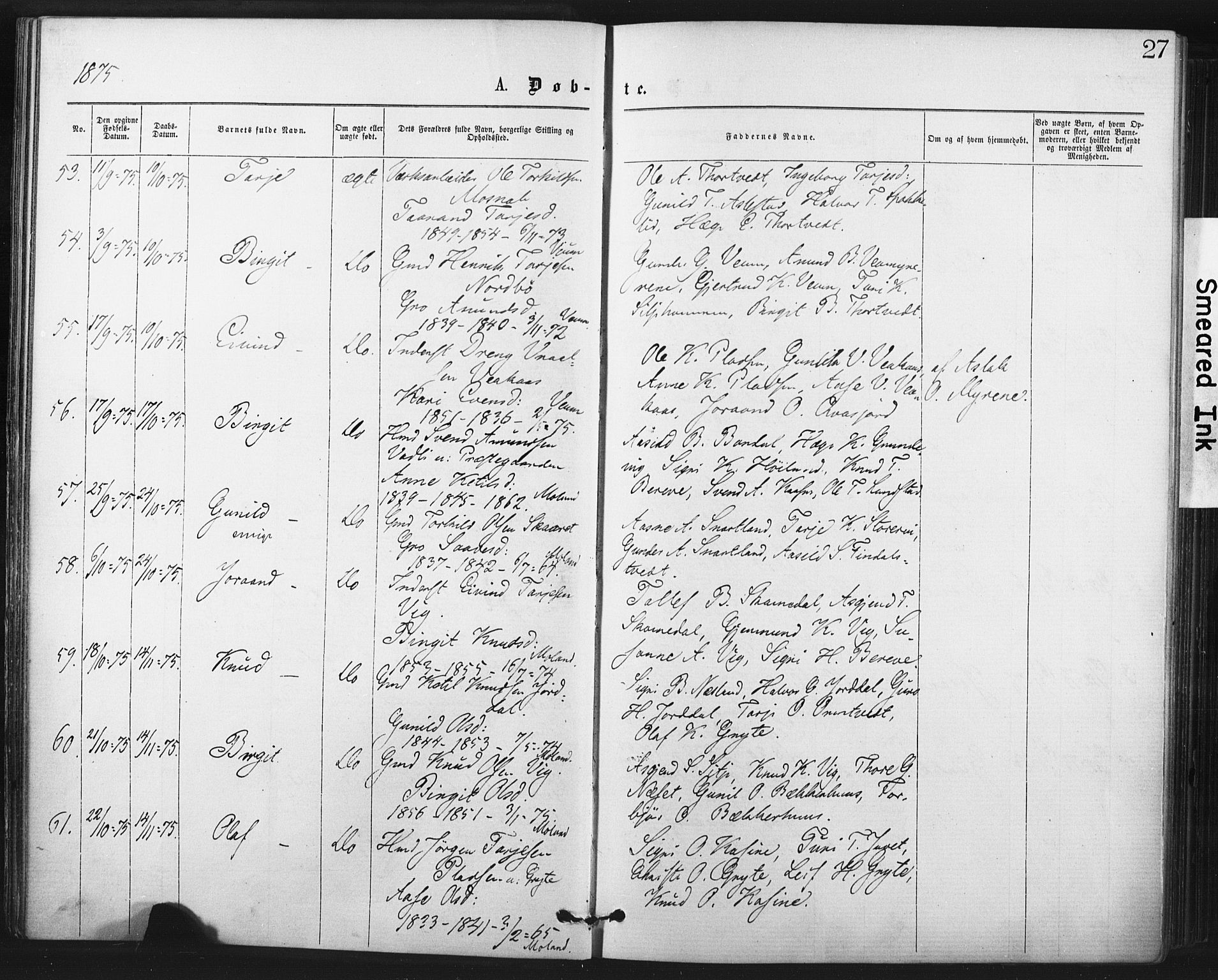 Fyresdal kirkebøker, AV/SAKO-A-263/F/Fa/L0006: Ministerialbok nr. I 6, 1872-1886, s. 27