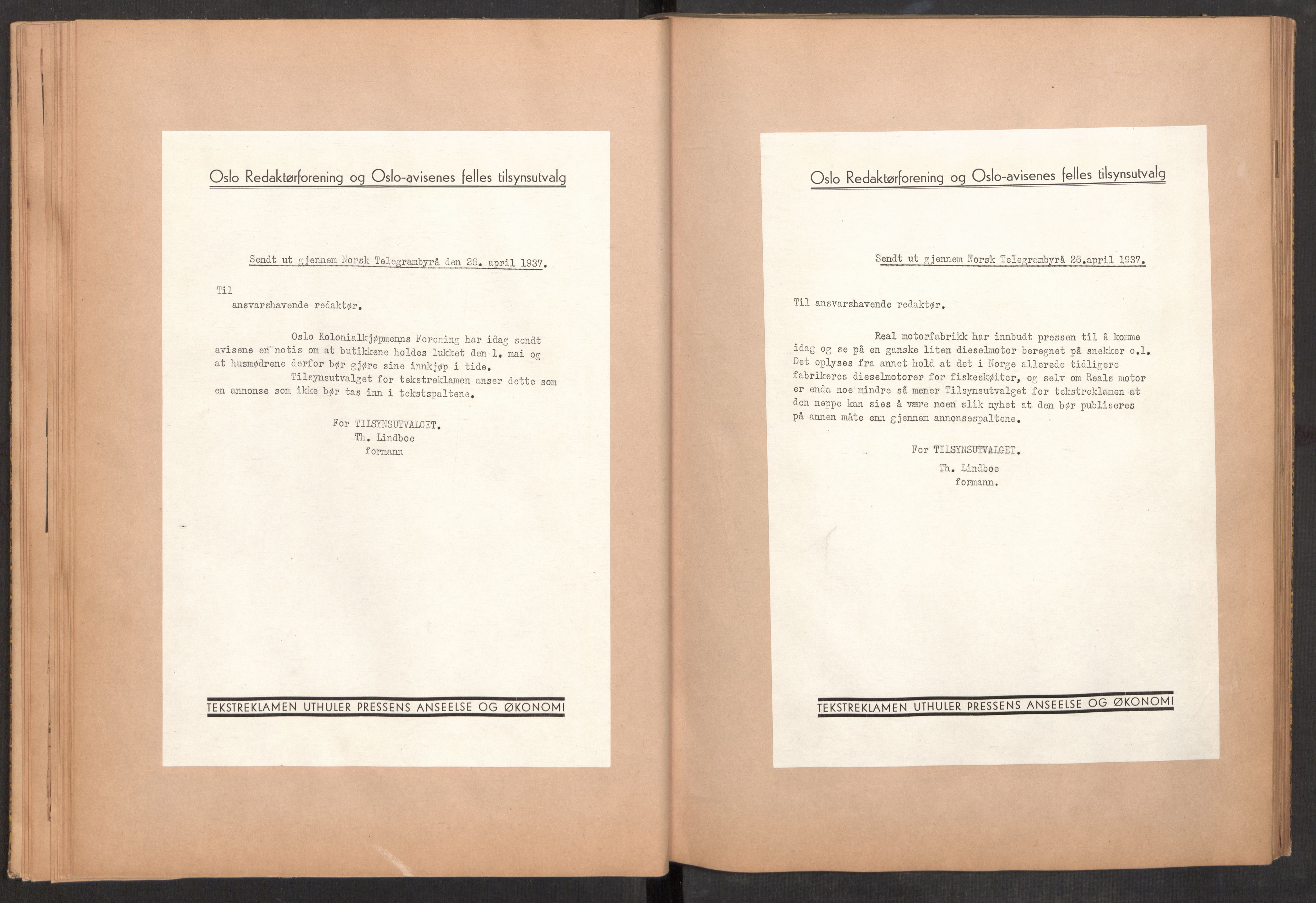 Tekstreklameutvalget, AV/RA-PA-0854/A/Aa/L0009: Meldinger til avisene, avisutklipp stemplet med den røde hånd, 1936-1938