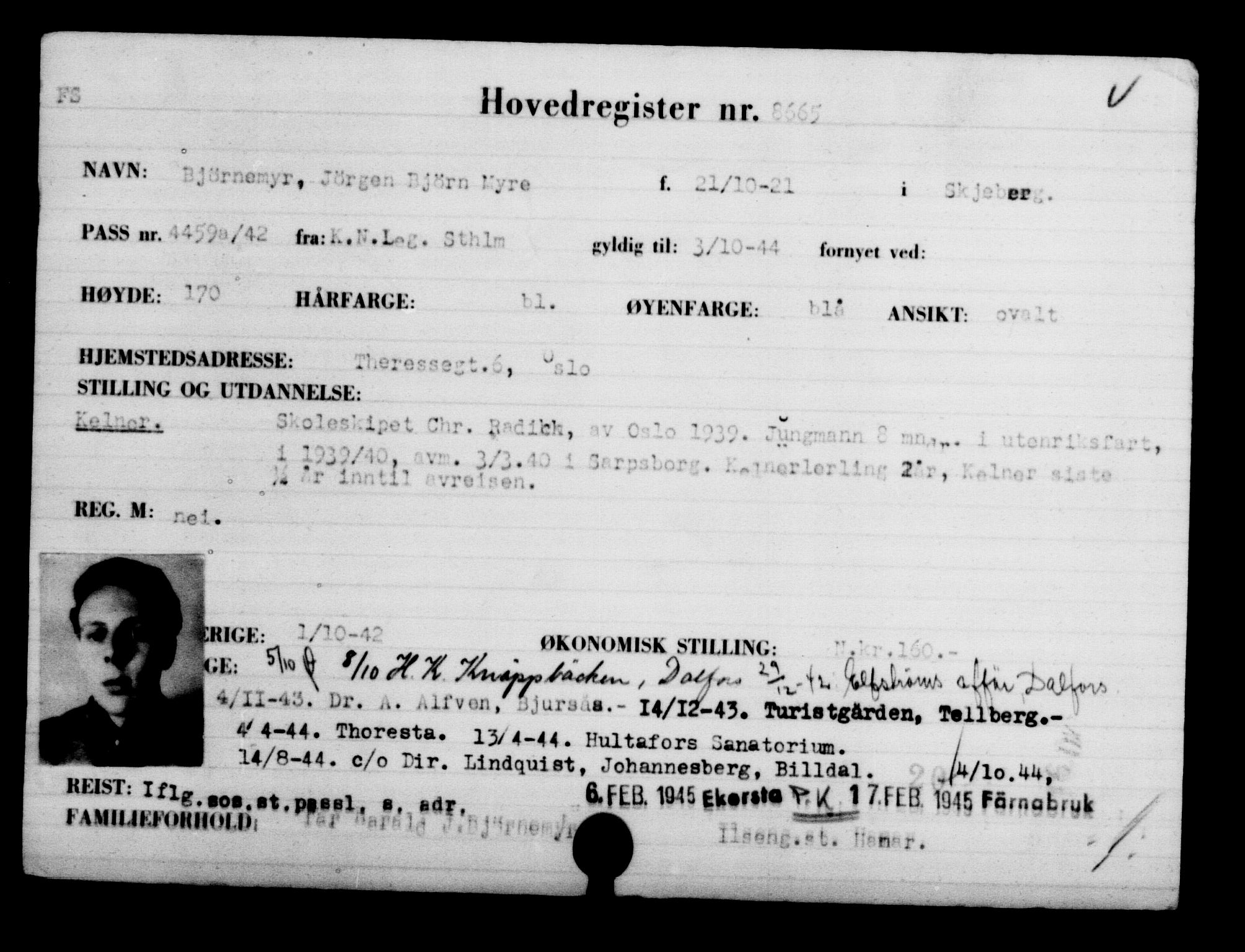 Utenriksstasjonene, Legasjonen i Stockholm, Flyktningkontoret, AV/RA-S-6753/V/Va/L0005: Kjesäterkartoteket, flyktninger med registreringsnr. 6600-9417, 1940-1945, s. 2415