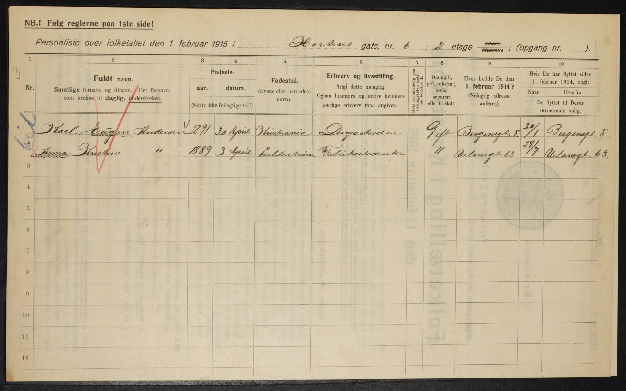 OBA, Kommunal folketelling 1.2.1915 for Kristiania, 1915, s. 41000