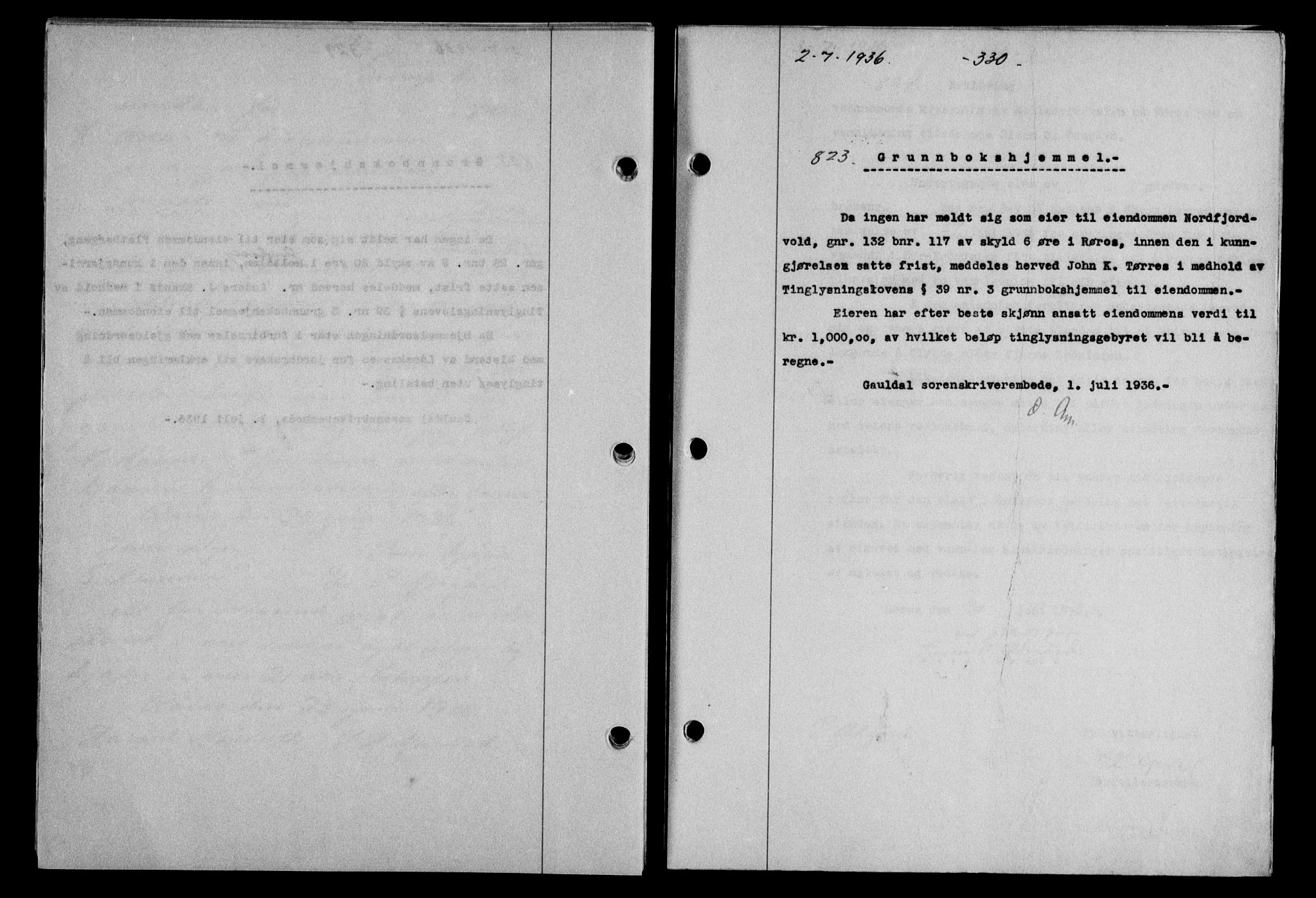 Gauldal sorenskriveri, SAT/A-0014/1/2/2C/L0046: Pantebok nr. 49-50, 1936-1937, Dagboknr: 823/1936