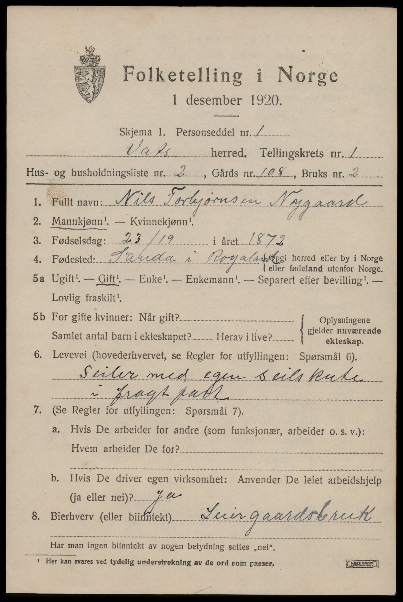 SAST, Folketelling 1920 for 1155 Vats herred, 1920, s. 509