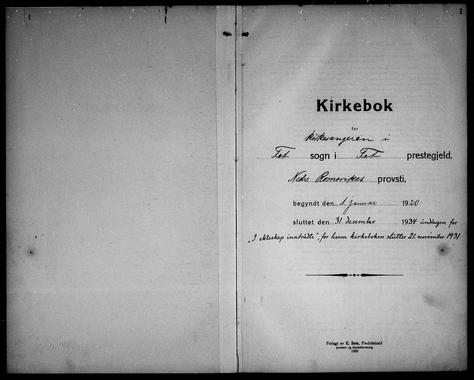 Fet prestekontor Kirkebøker, SAO/A-10370a/G/Ga/L0009: Klokkerbok nr. I 9, 1920-1934, s. 1