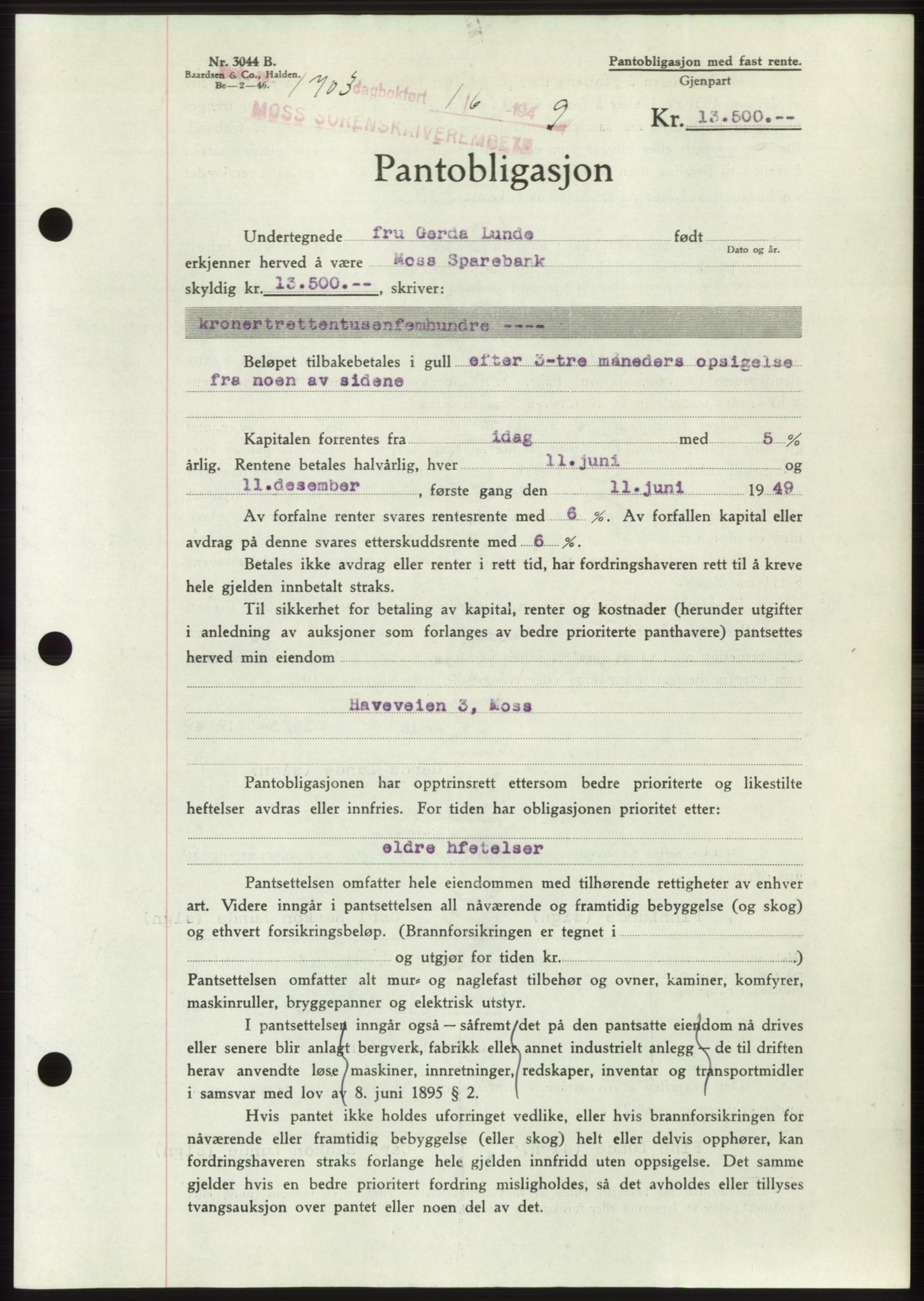 Moss sorenskriveri, SAO/A-10168: Pantebok nr. B22, 1949-1949, Dagboknr: 1703/1949