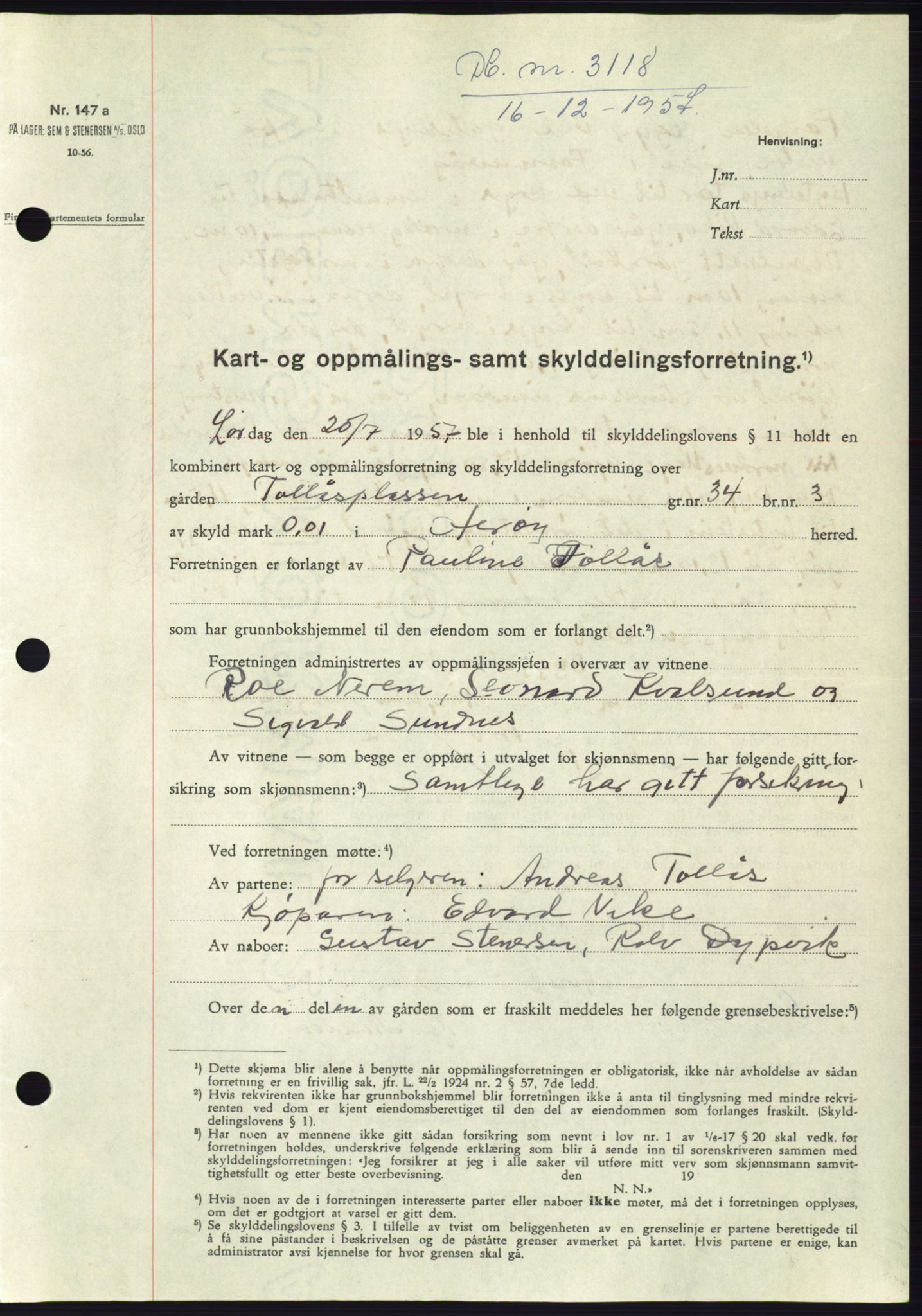 Søre Sunnmøre sorenskriveri, SAT/A-4122/1/2/2C/L0108: Pantebok nr. 34A, 1957-1958, Dagboknr: 3118/1957