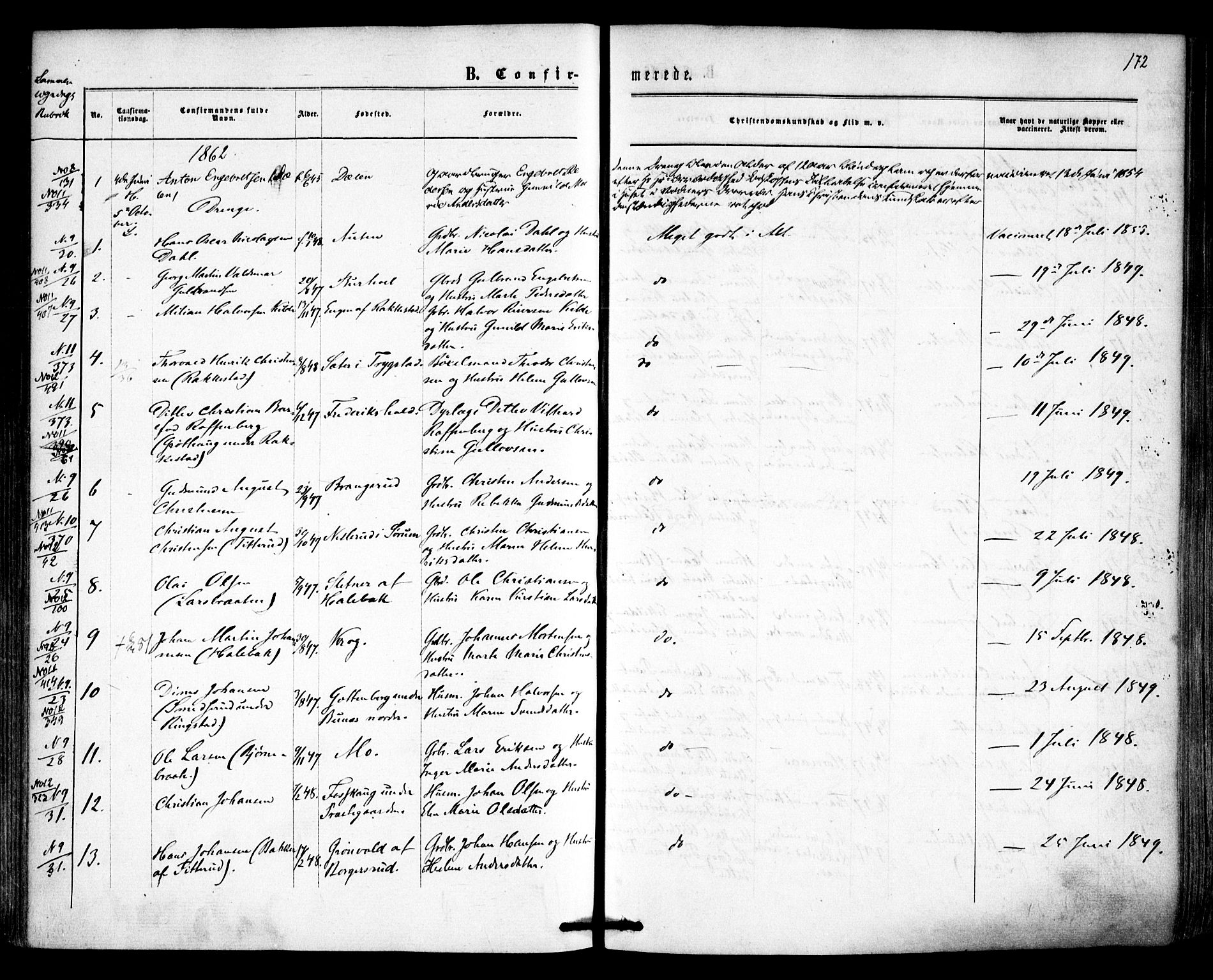 Høland prestekontor Kirkebøker, SAO/A-10346a/F/Fa/L0011: Ministerialbok nr. I 11, 1862-1869, s. 172
