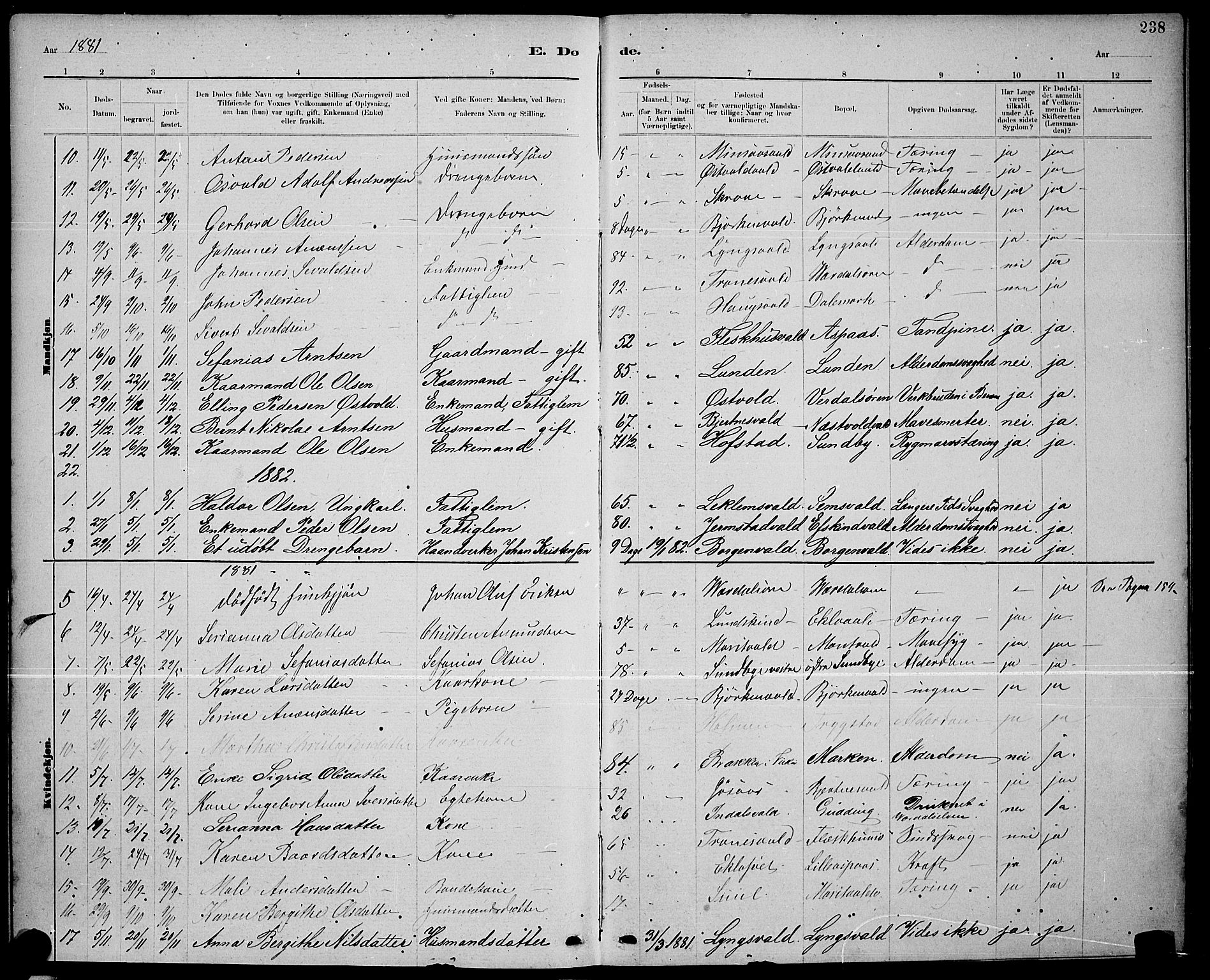 Ministerialprotokoller, klokkerbøker og fødselsregistre - Nord-Trøndelag, AV/SAT-A-1458/723/L0256: Klokkerbok nr. 723C04, 1879-1890, s. 238