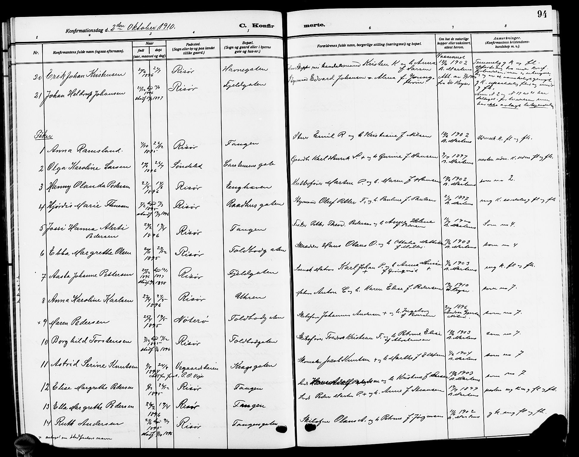 Risør sokneprestkontor, AV/SAK-1111-0035/F/Fb/L0008: Klokkerbok nr. B 8, 1909-1921, s. 94
